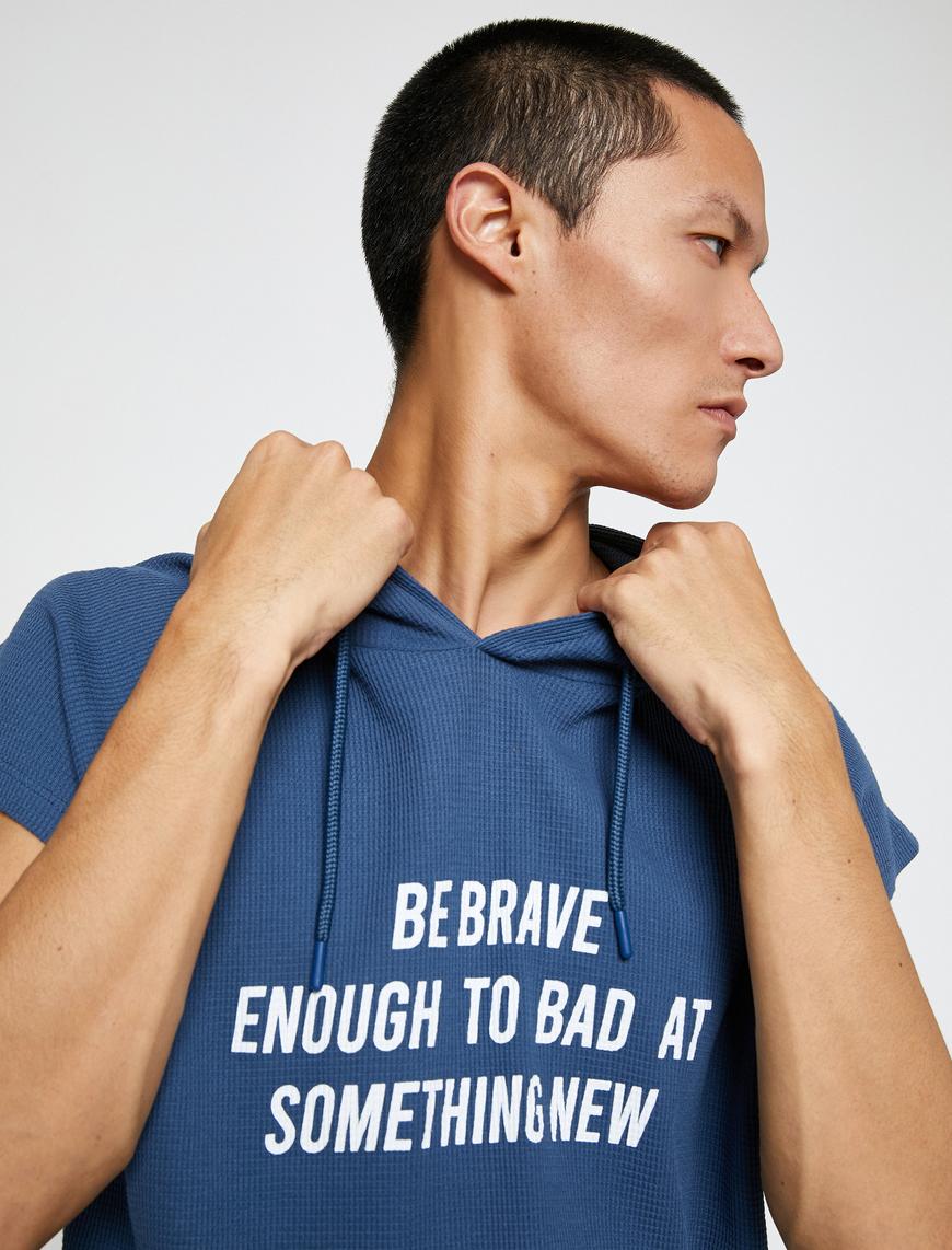   Basic Kapşonlu Spor Oversize Tişört Slogan Baskılı Kolsuz