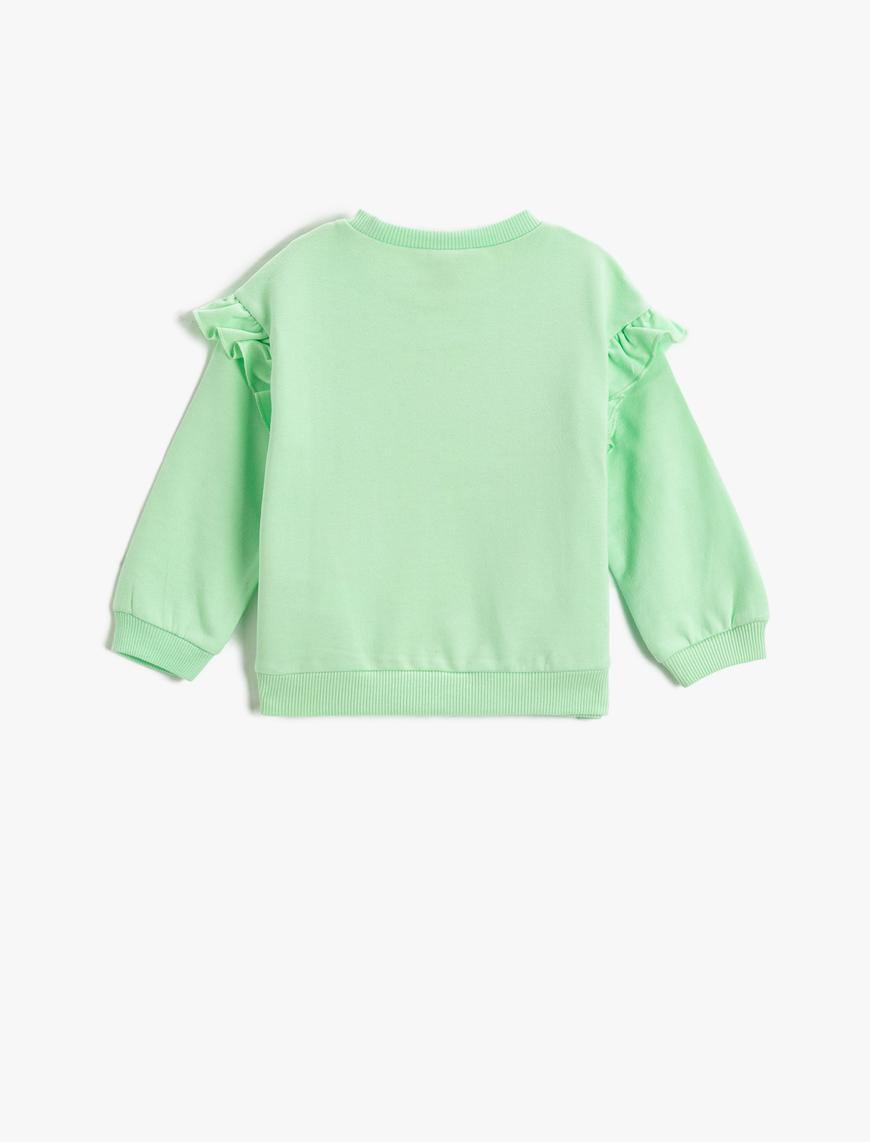  Kız Bebek Fırfır Detaylı Baskılı Sweatshirt Uzun Kollu Bisiklet Yaka Şardonlu