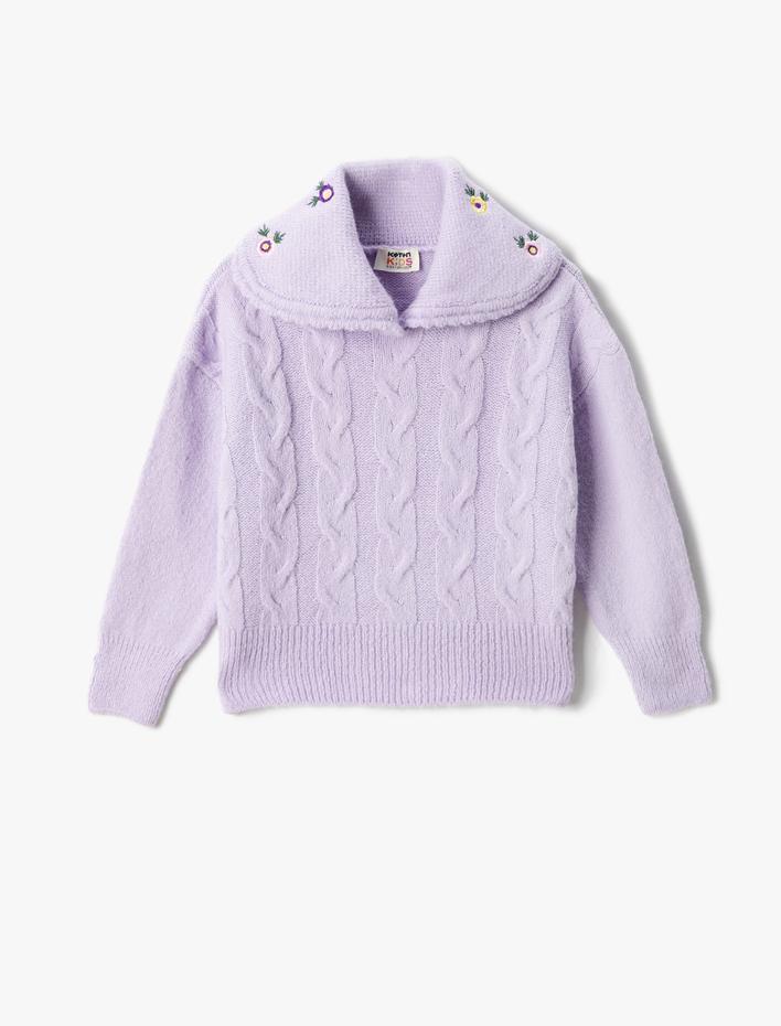 Kız Çocuk İşlemeli Saç Örgü Kazak Yumuşak Dokulu Geniş Bebe Yaka