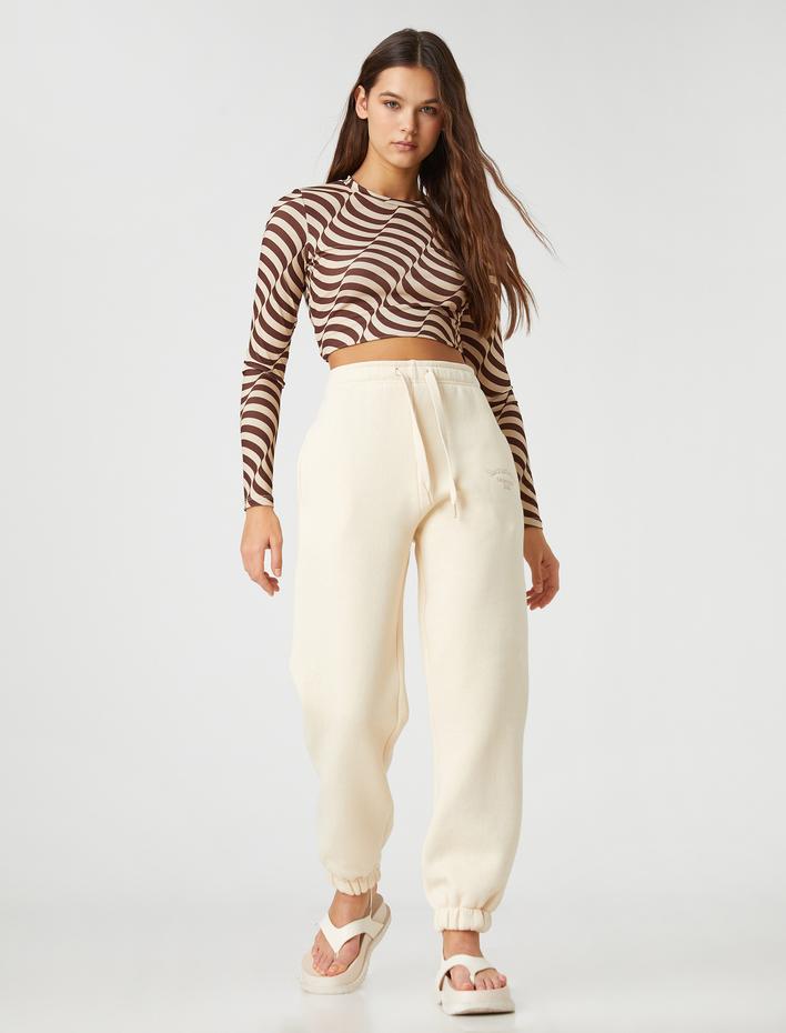  Şardonlu Jogger Eşofman Altı İşlemeli Cep Detaylı Paçası Beli Lastikli