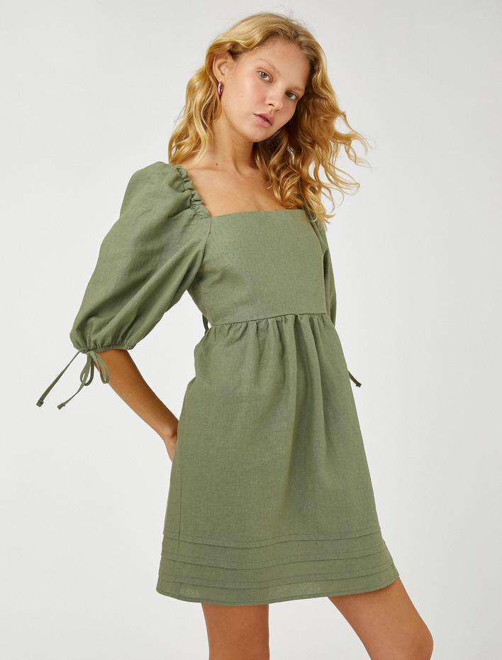  Mini Keten Elbise Balon Kollu Kare Yaka Sırt Detaylı