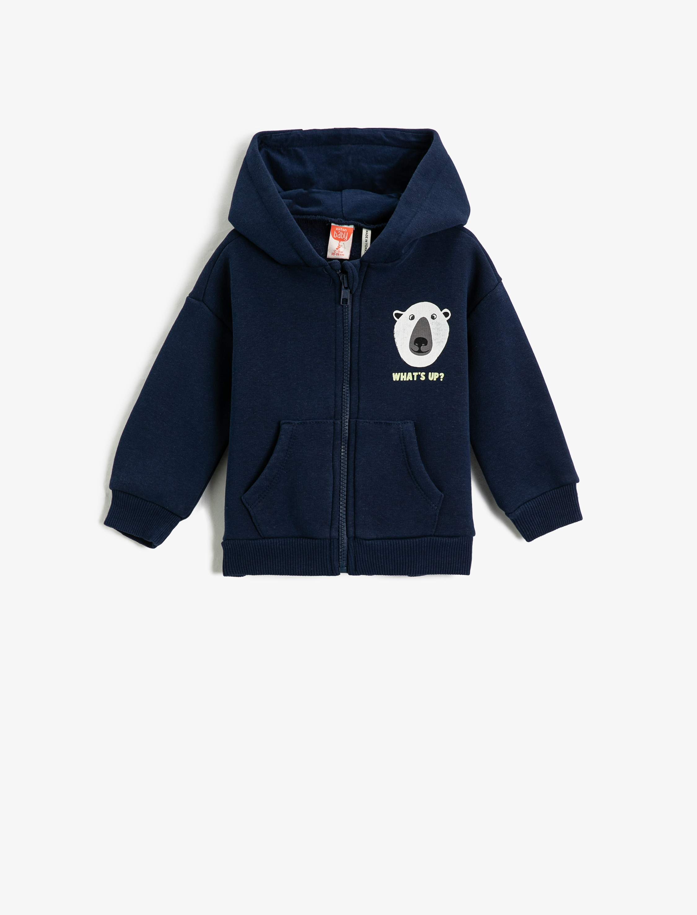  Erkek Bebek Kapşonlu Fermuarlı Hırka Kutup Ayısı Baskılı Aplike Detaylı