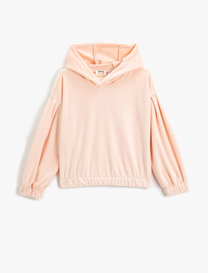 Kız Çocuk Basic Kadife Kapşonlu Sweatshirt Uzun Kollu Manşetleri ve Beli Lastikli