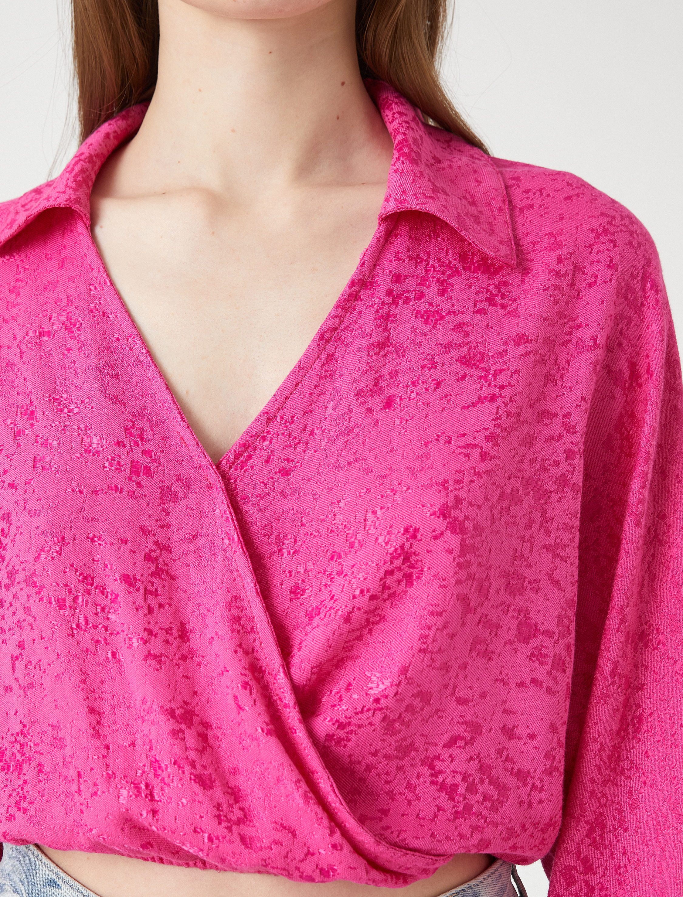   Crop Bluz Anvelop Gömlek Yaka Uzun Kollu