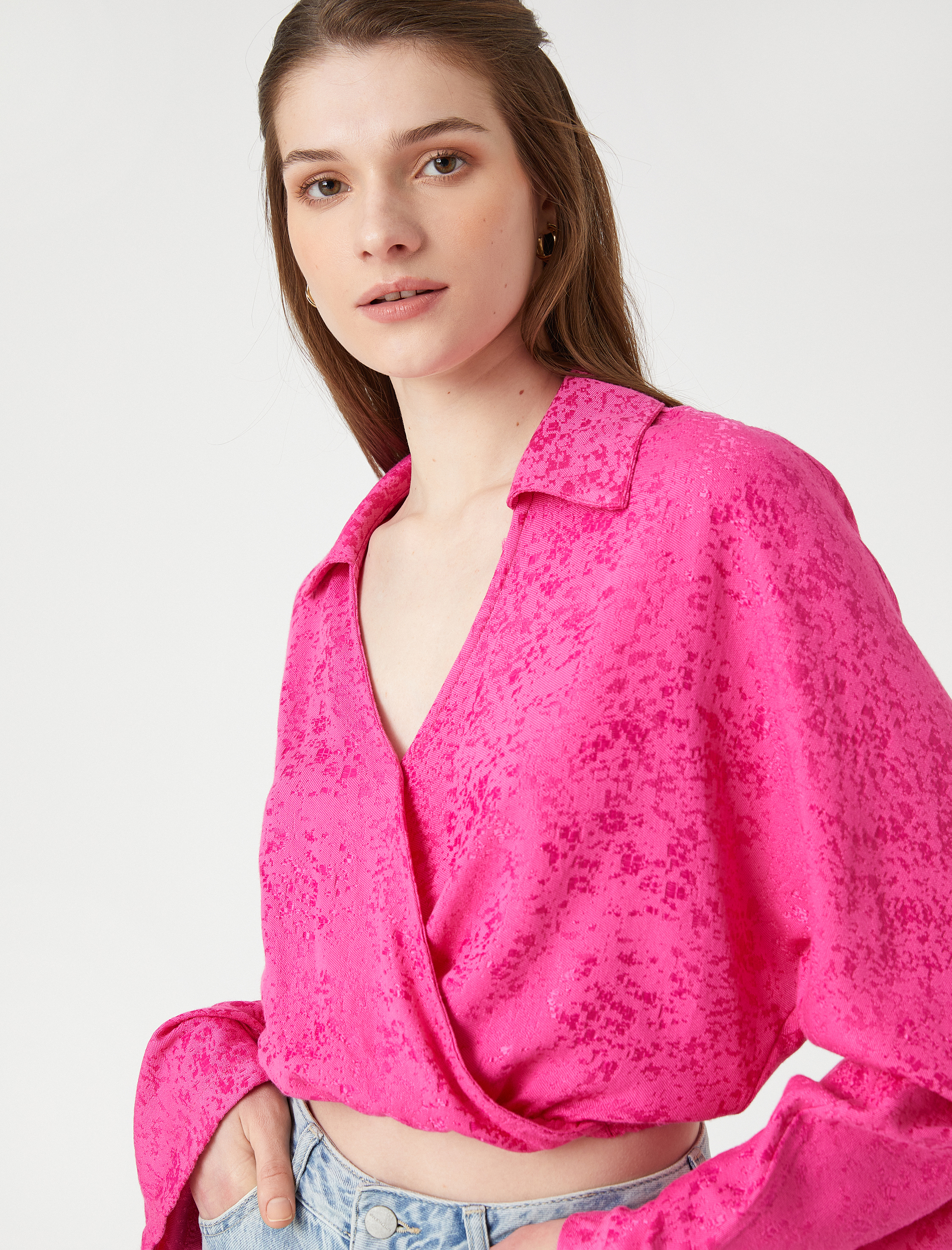   Crop Bluz Anvelop Gömlek Yaka Uzun Kollu