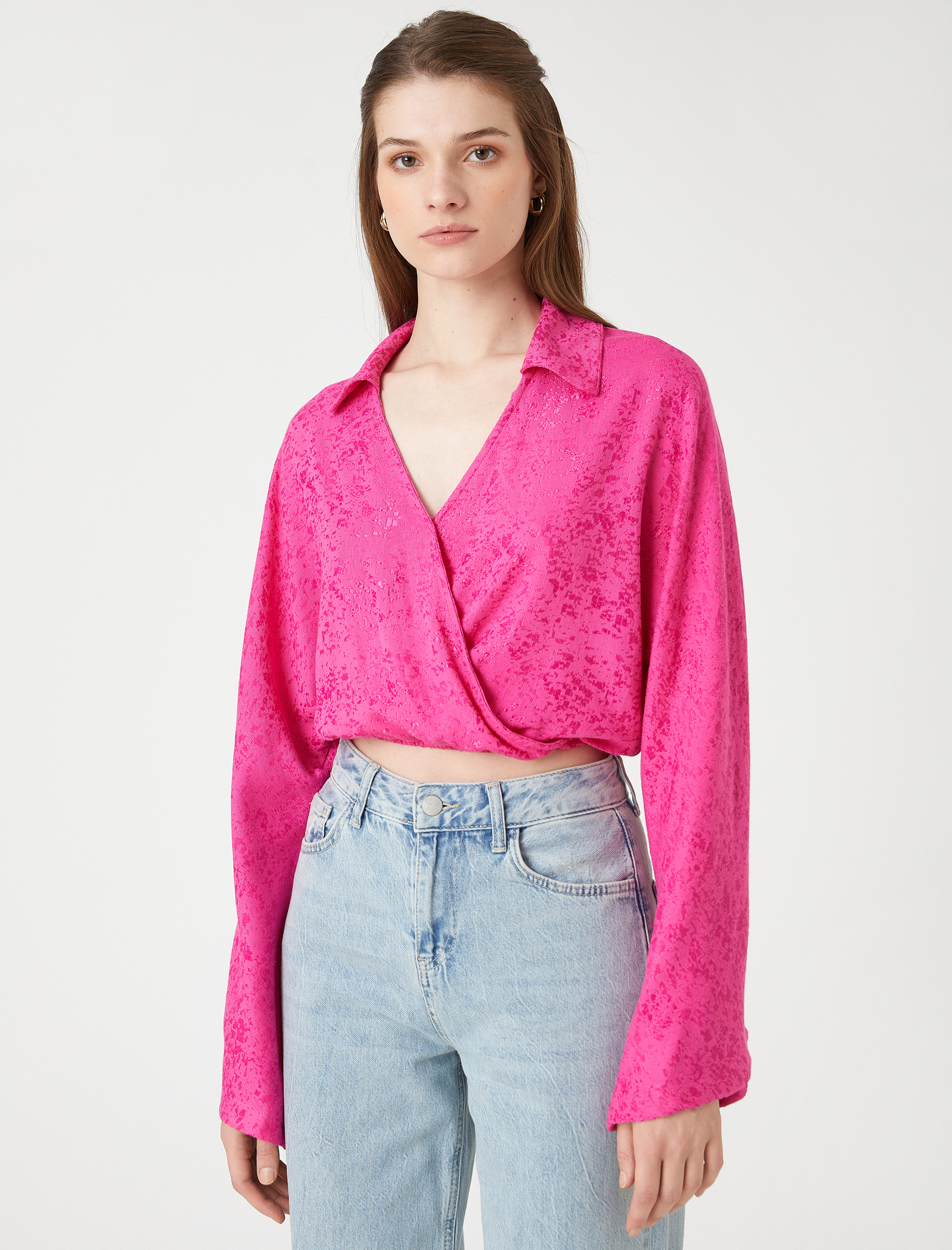   Crop Bluz Anvelop Gömlek Yaka Uzun Kollu