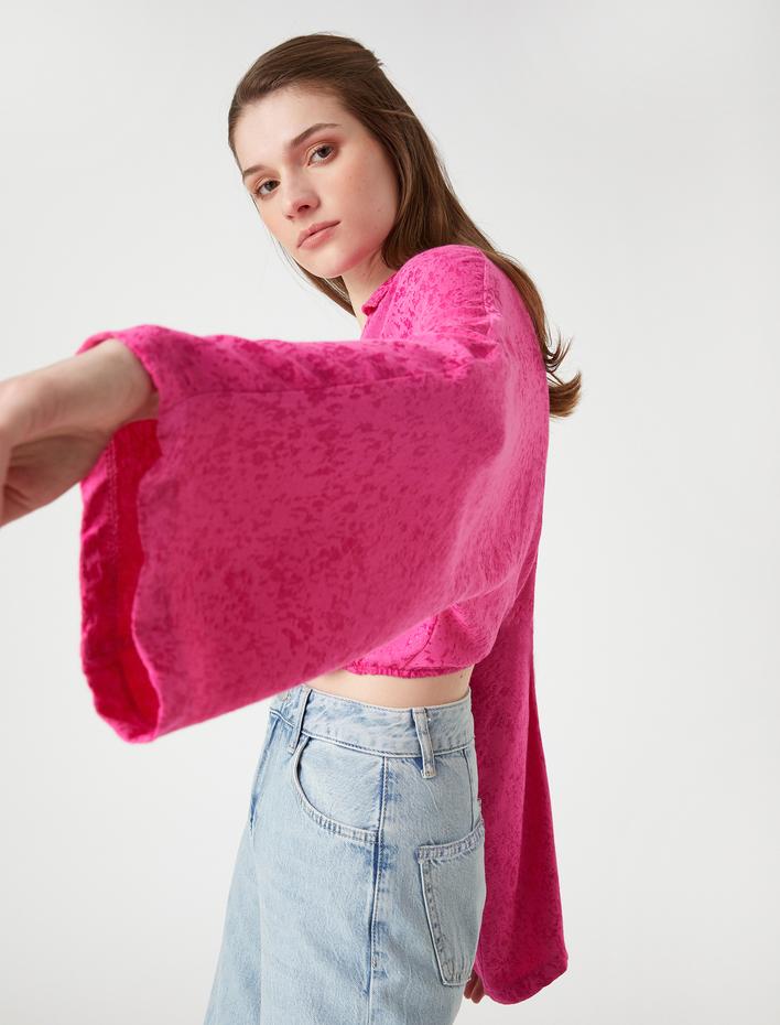  Crop Bluz Anvelop Gömlek Yaka Uzun Kollu