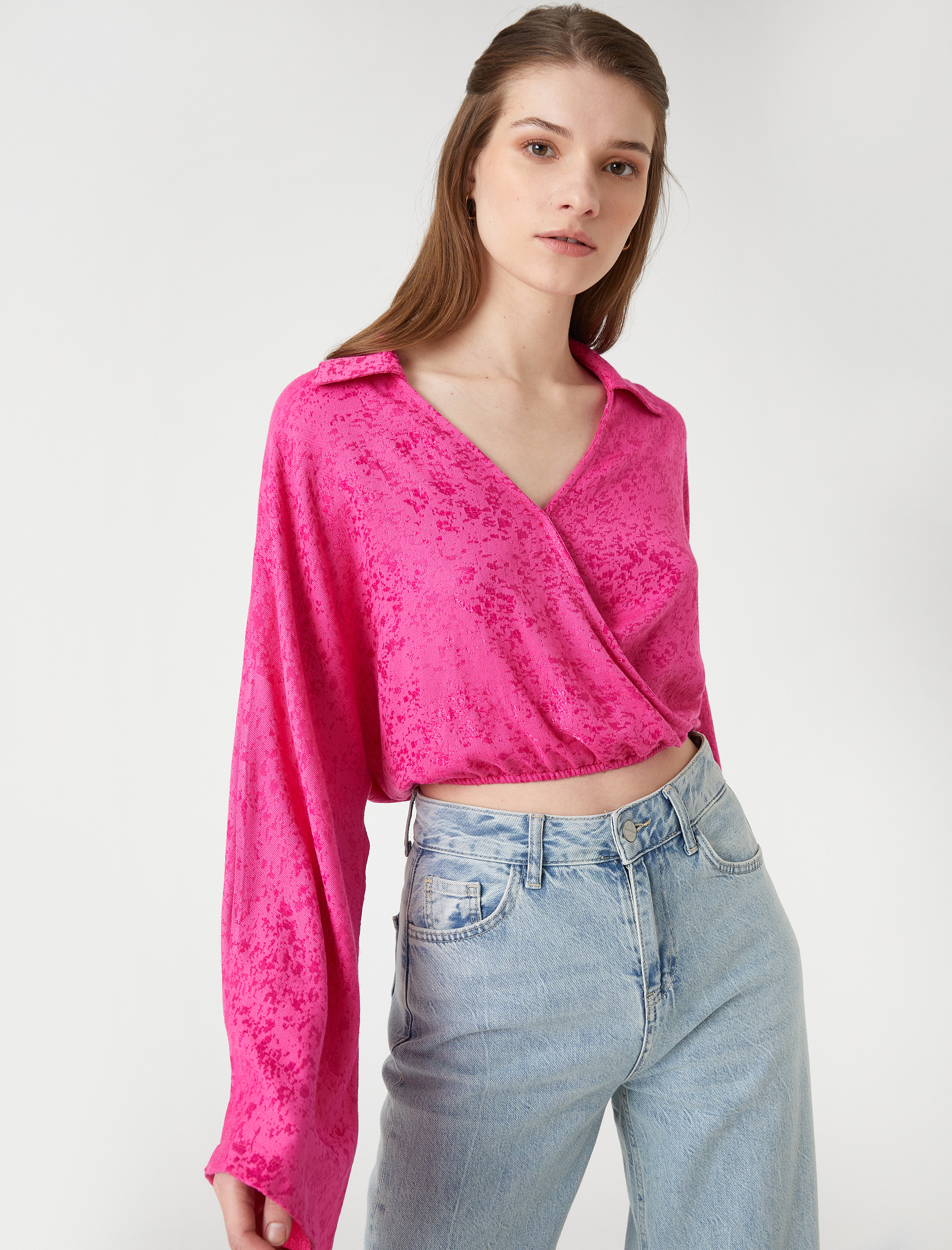   Crop Bluz Anvelop Gömlek Yaka Uzun Kollu