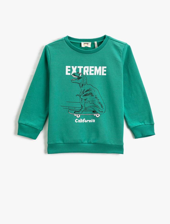 Erkek Çocuk Dinozor Baskılı Sweatshirt Uzun Kollu Bisiklet Yaka