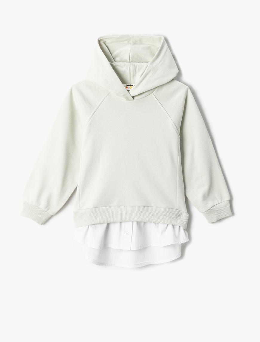  Kız Çocuk Basic Kapşonlu Sweatshirt Etek Ucu Gömlek Detaylı Uzun Kollu