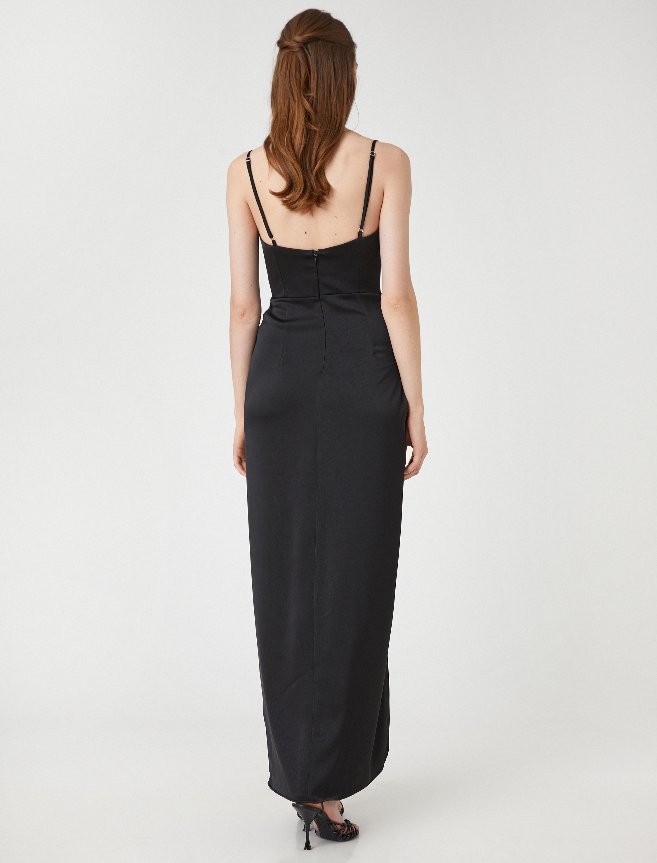   Saten Abiye Elbise Askılı Drapeli Yırtmaçlı