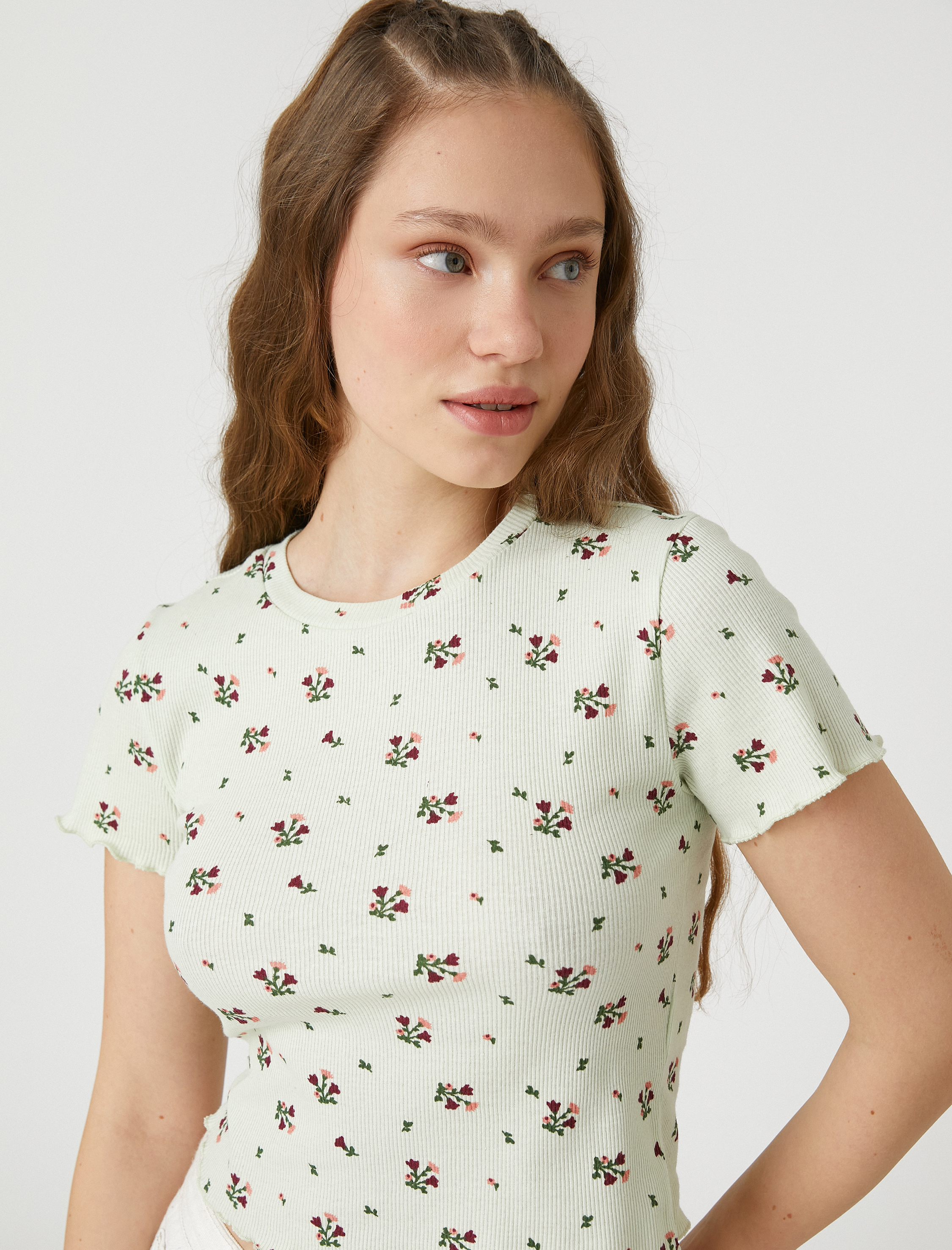   Crop Tişört Kısa Kollu Çiçek Baskılı Bisiklet Yaka