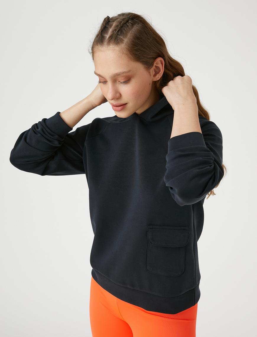   Kapüşonlu Sweatshirt Cep Detaylı Modal Karışımlı