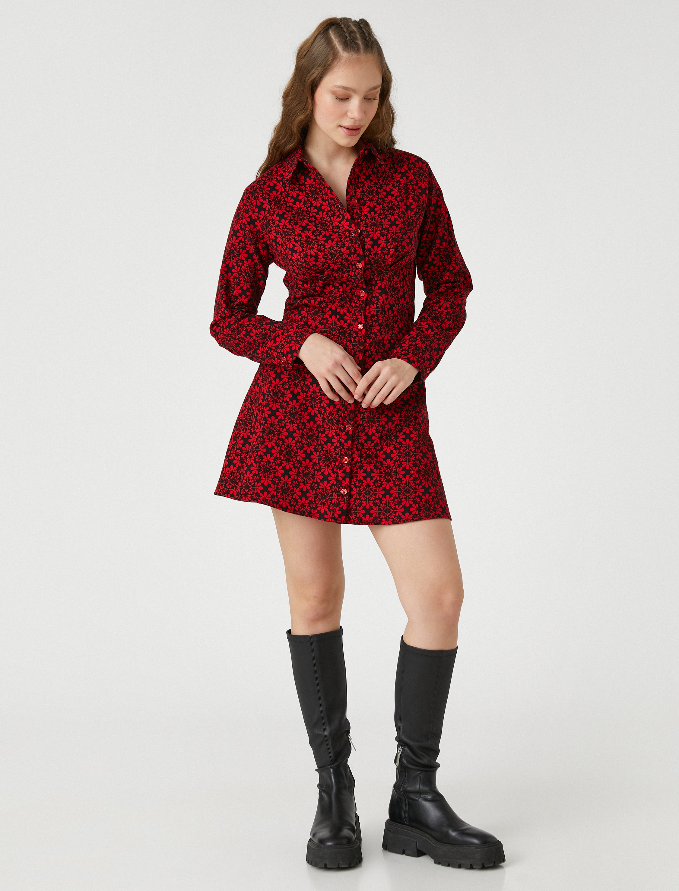   Çiçekli Gömlek Elbise Uzun Kollu Düğmeli Manşet Yaka