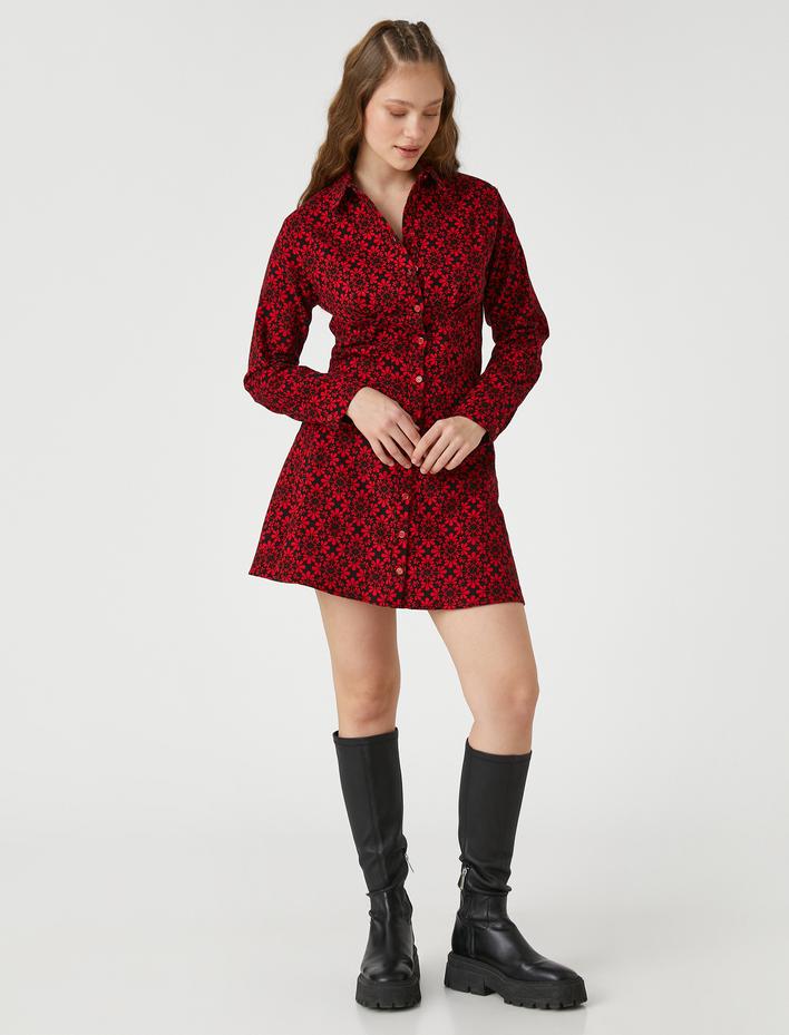  Çiçekli Gömlek Elbise Uzun Kollu Düğmeli Manşet Yaka