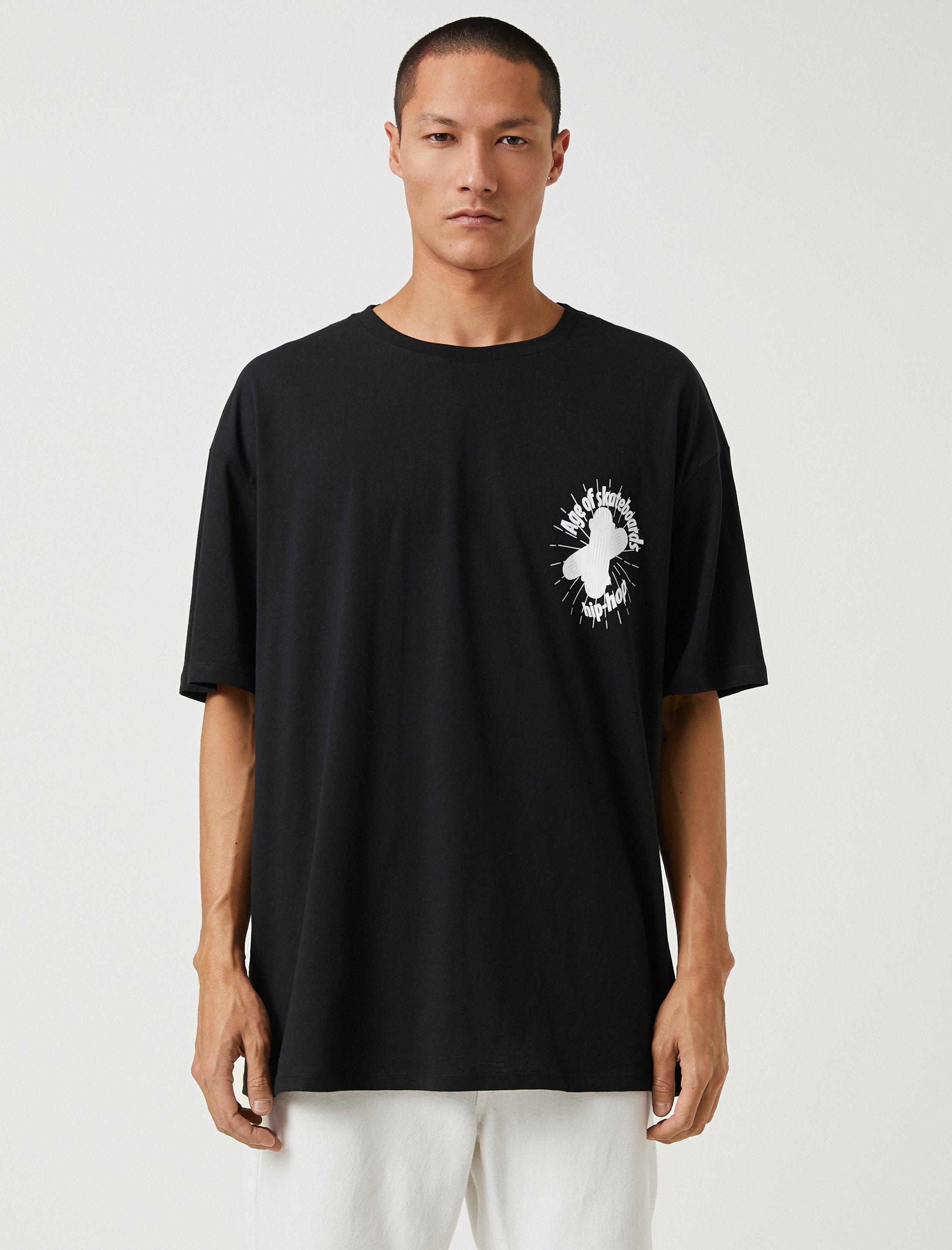   Basic Oversize Tişört Slogan Baskılı Bisiklet Yaka