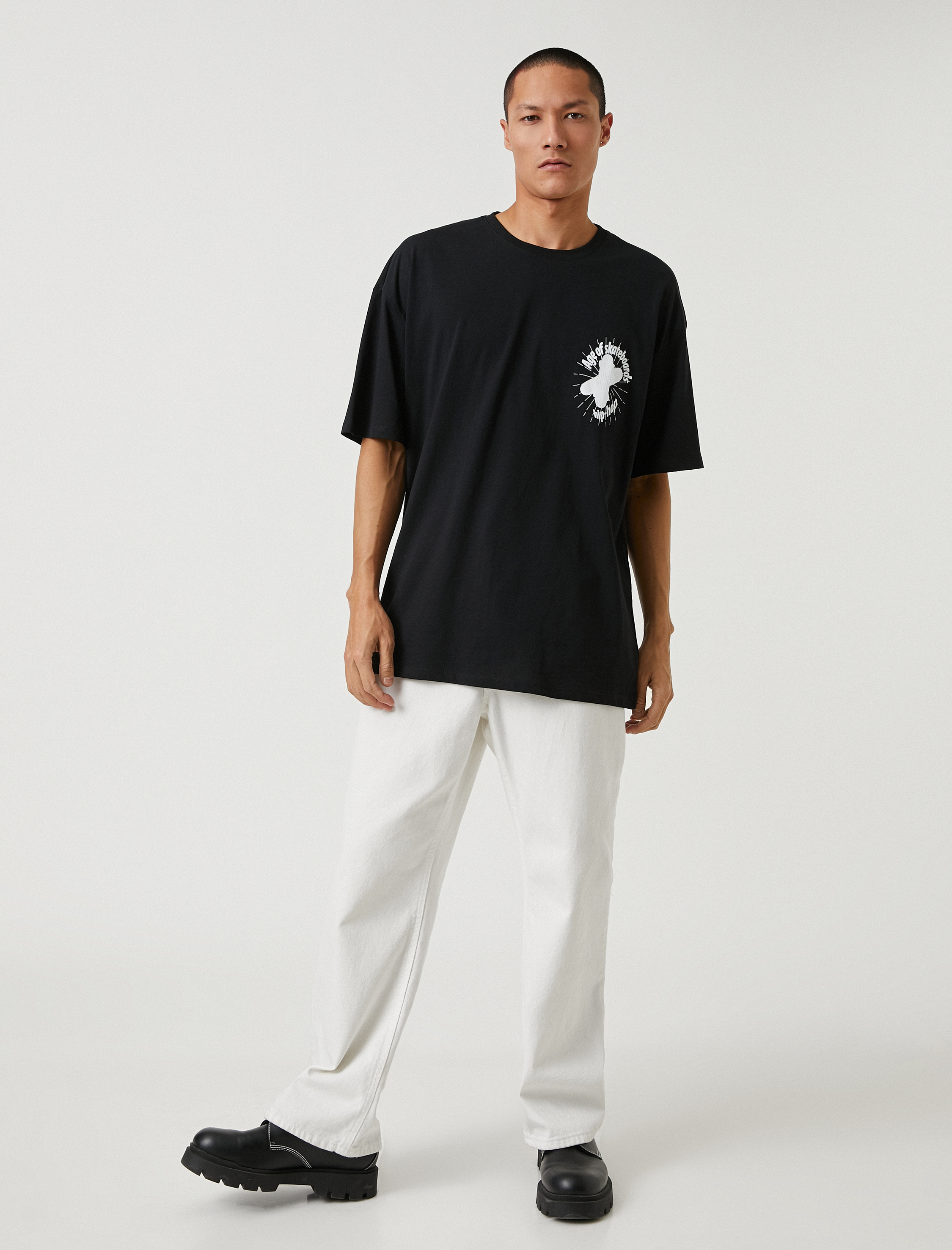   Basic Oversize Tişört Slogan Baskılı Bisiklet Yaka