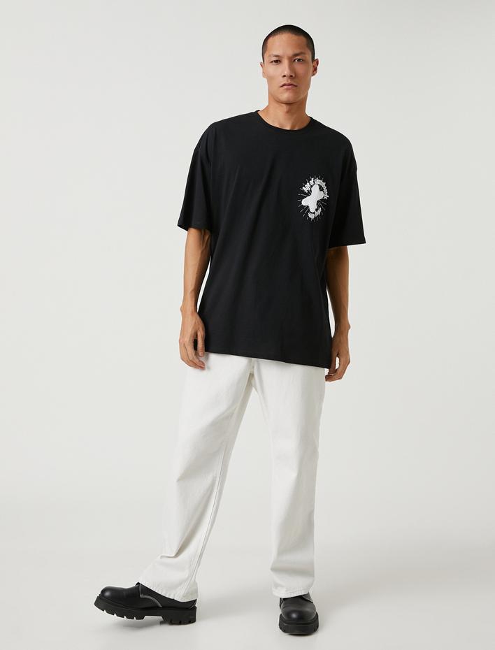  Basic Oversize Tişört Slogan Baskılı Bisiklet Yaka