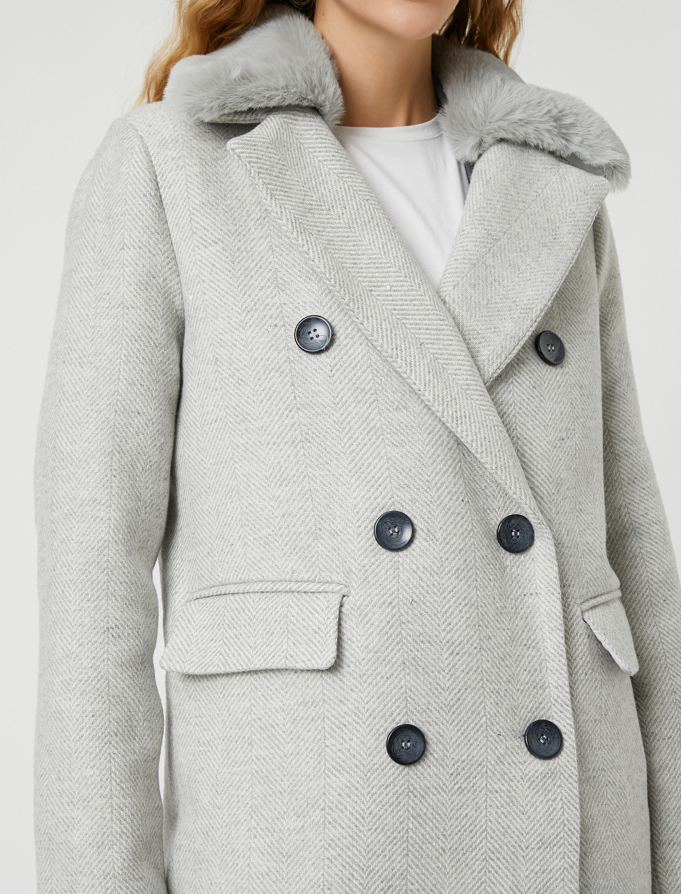   Oversize Kruvaze Kaşe Kaban Yakası Çıkarılabilir Peluş Detaylı Cepli