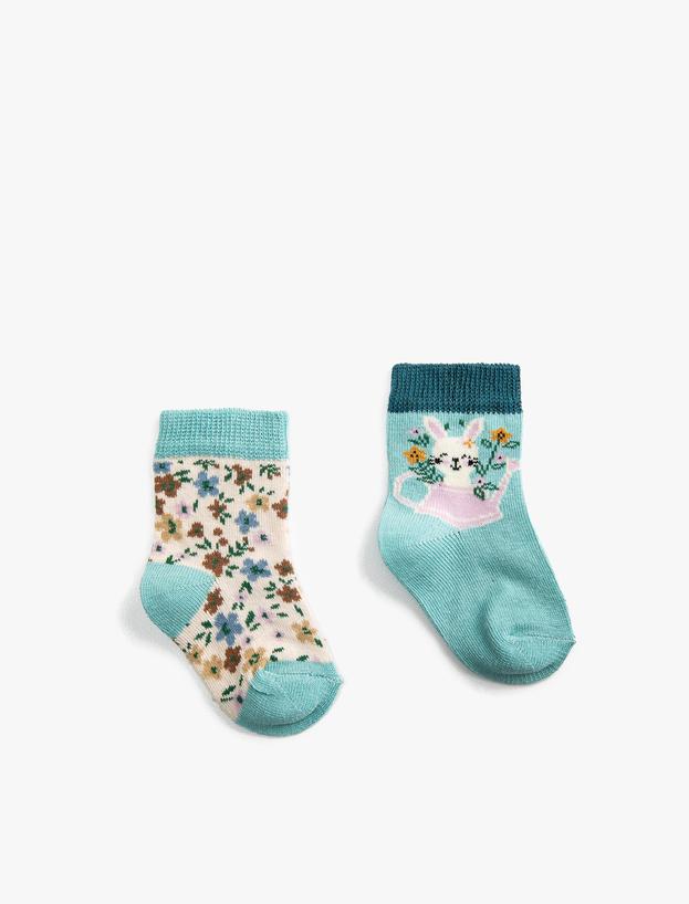 Kız Bebek 2'li Çiçekli ve Tavşan Baskılı Çorap Seti