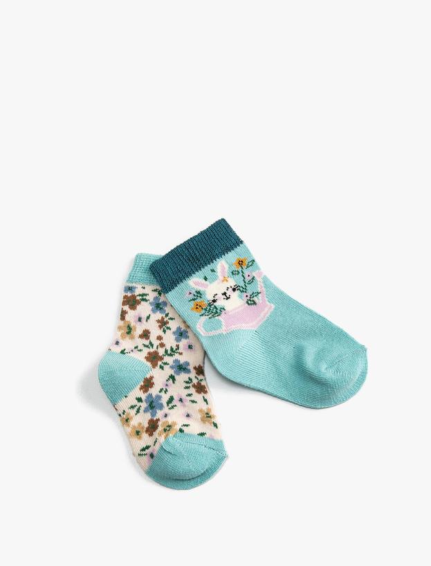  Kız Bebek 2'li Çiçekli ve Tavşan Baskılı Çorap Seti