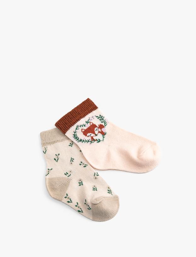  Kız Bebek 2'li Çiçekli ve Tilki Baskılı Çorap Seti