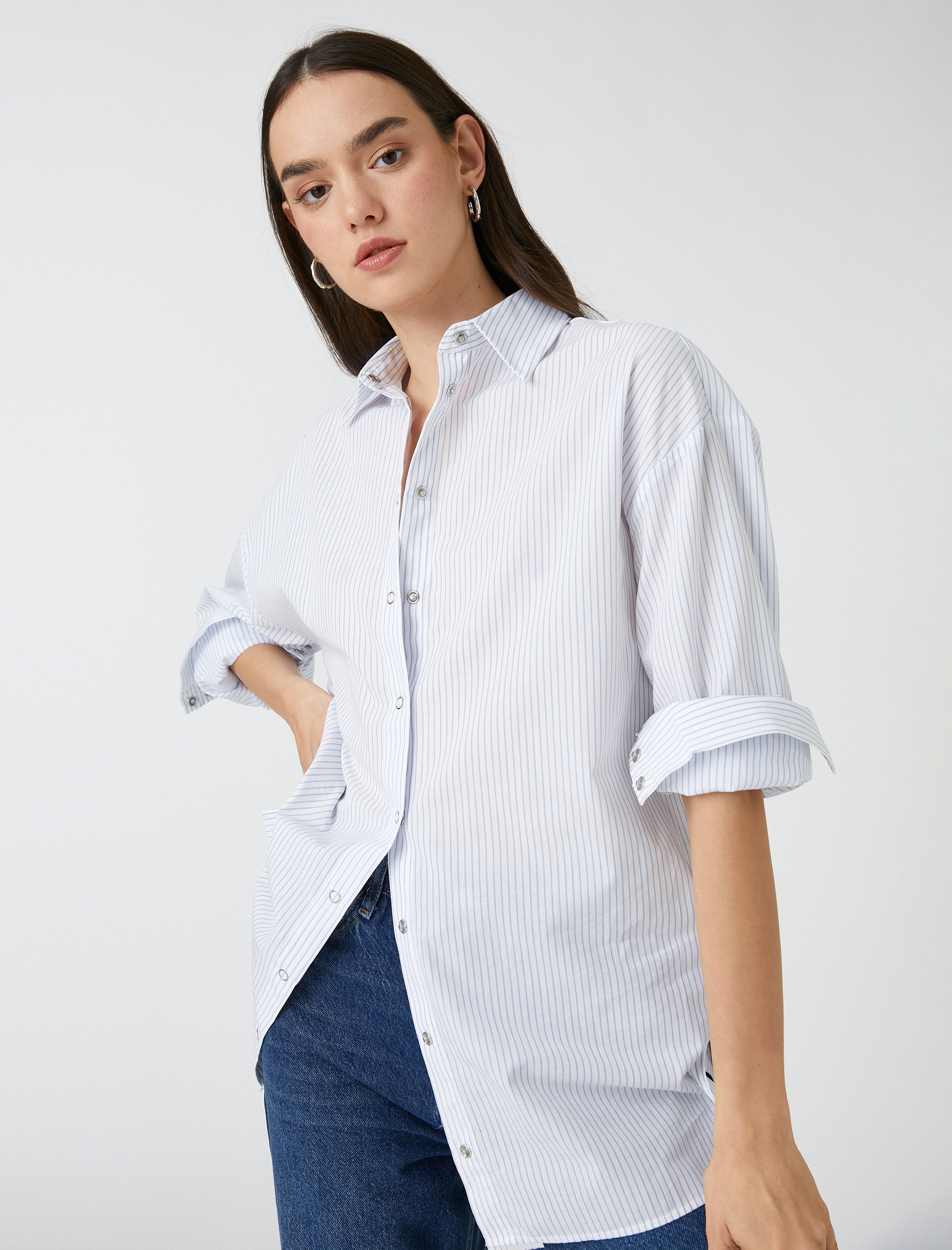   Oversize Poplin Gömlek Çıtçıtlı Uzun Kollu
