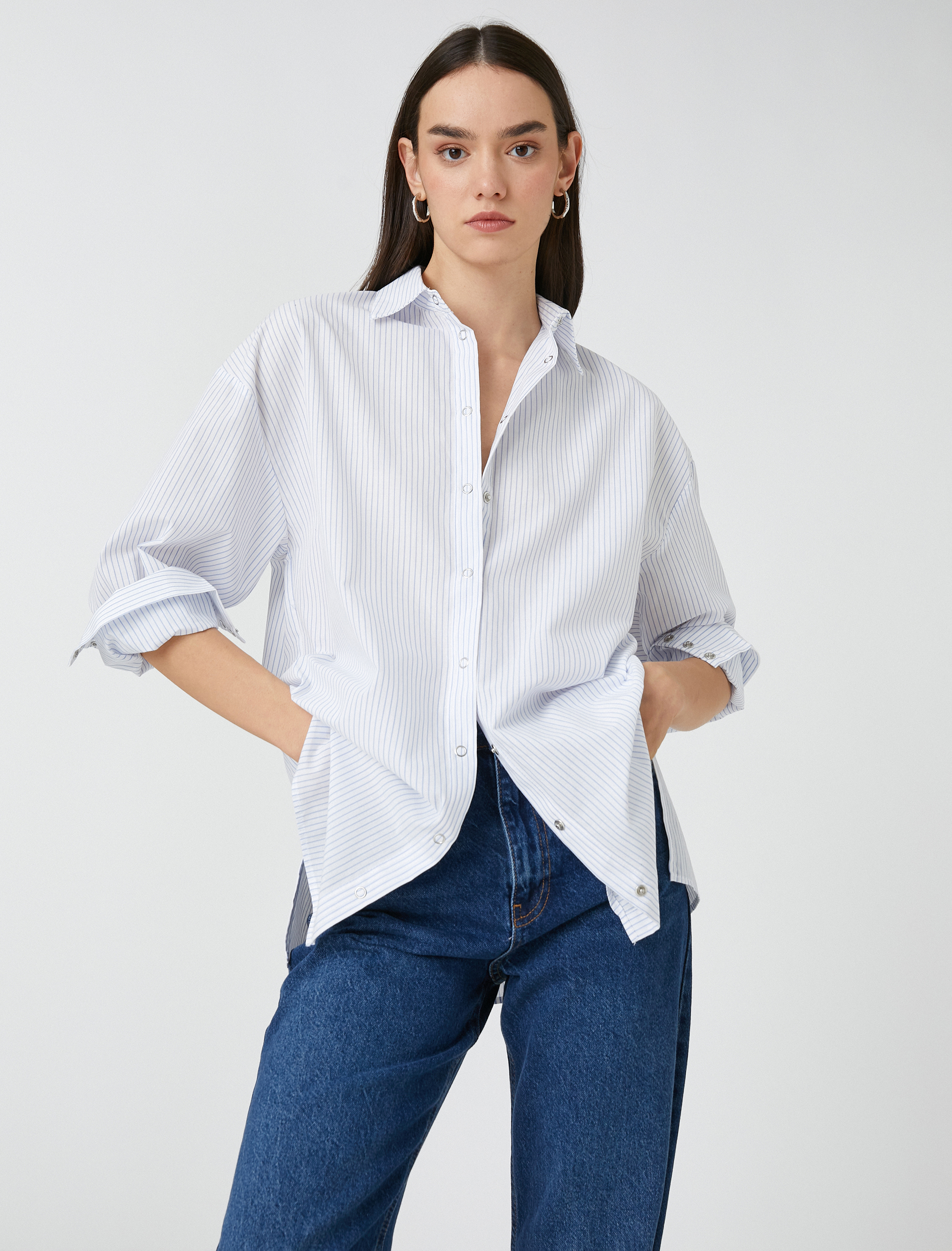   Oversize Poplin Gömlek Çıtçıtlı Uzun Kollu