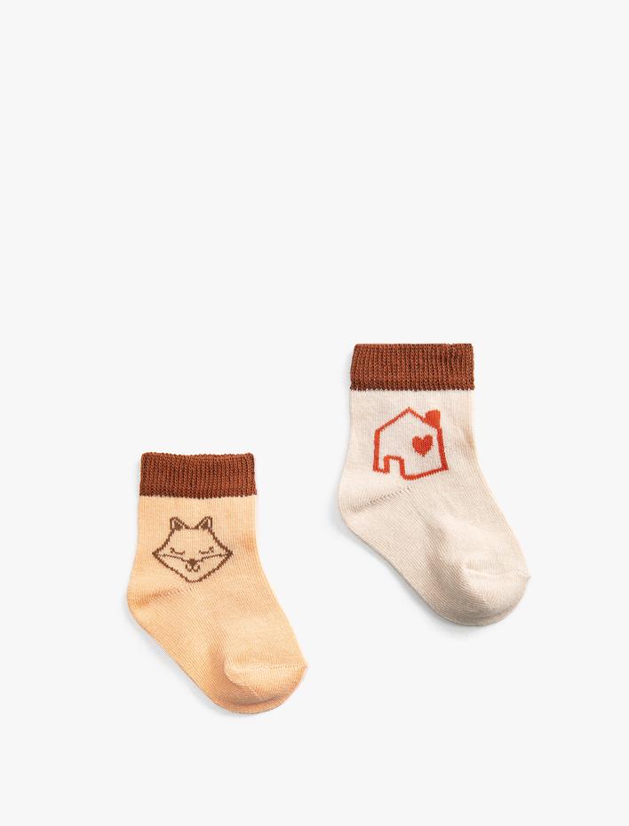 Kız Bebek 2'li Kedi Baskılı Çorap Seti