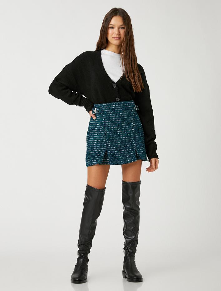  Tüvit Şort Etek Mini Piliseli Yanları Toka Detaylı Desenli