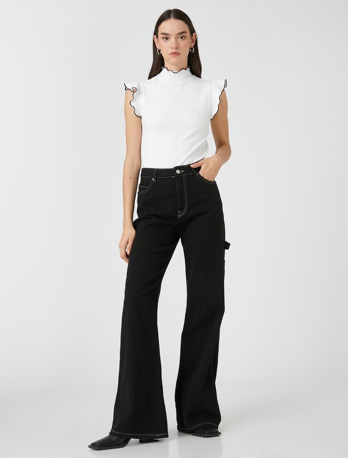  Volanlı Ribanalı Tişört Dik Yaka Kısa Kollu