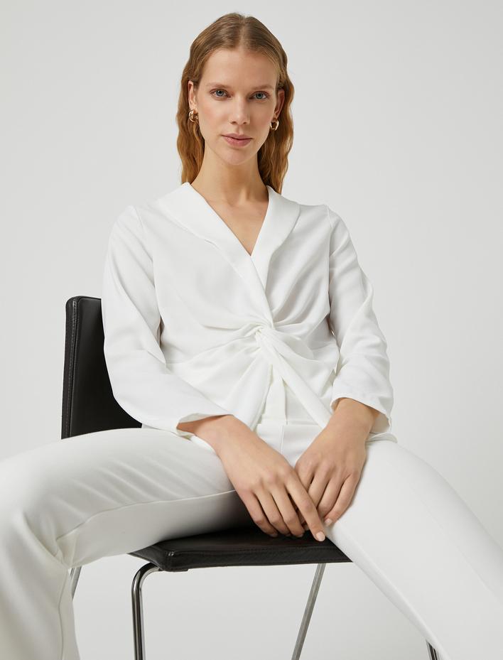  Düğüm Detaylı Bluz Şal Yaka Uzun Kollu