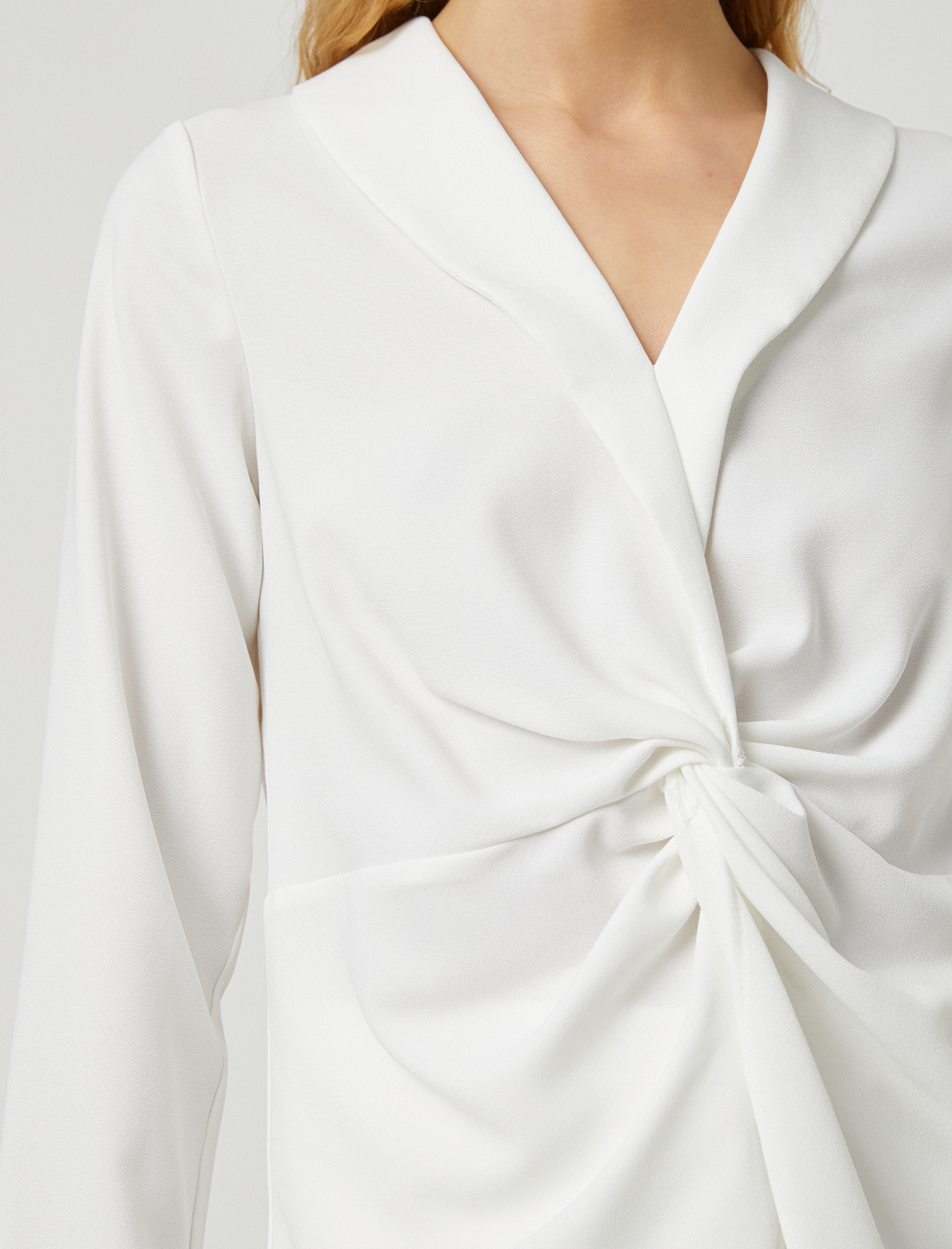   Düğüm Detaylı Bluz Şal Yaka Uzun Kollu