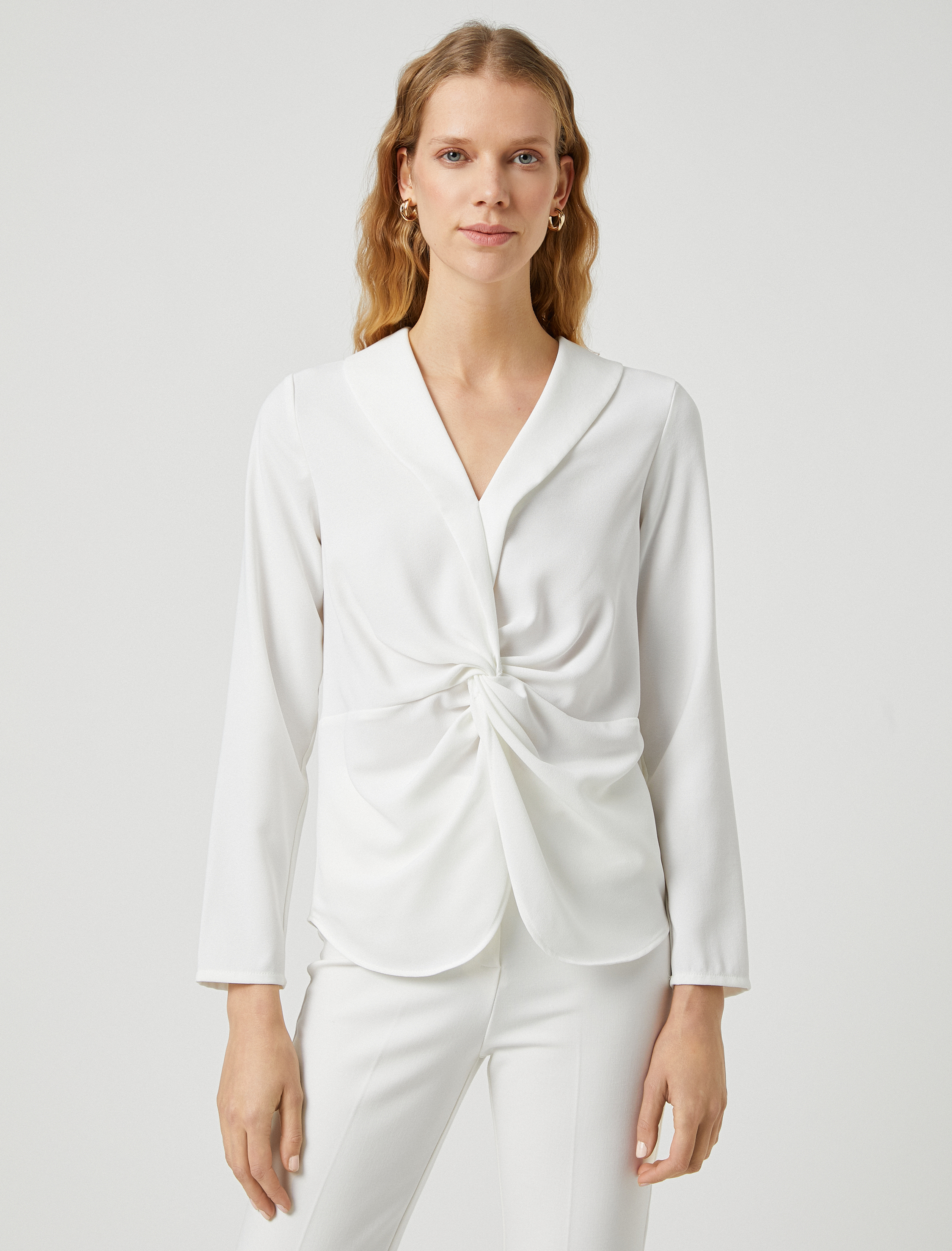   Düğüm Detaylı Bluz Şal Yaka Uzun Kollu