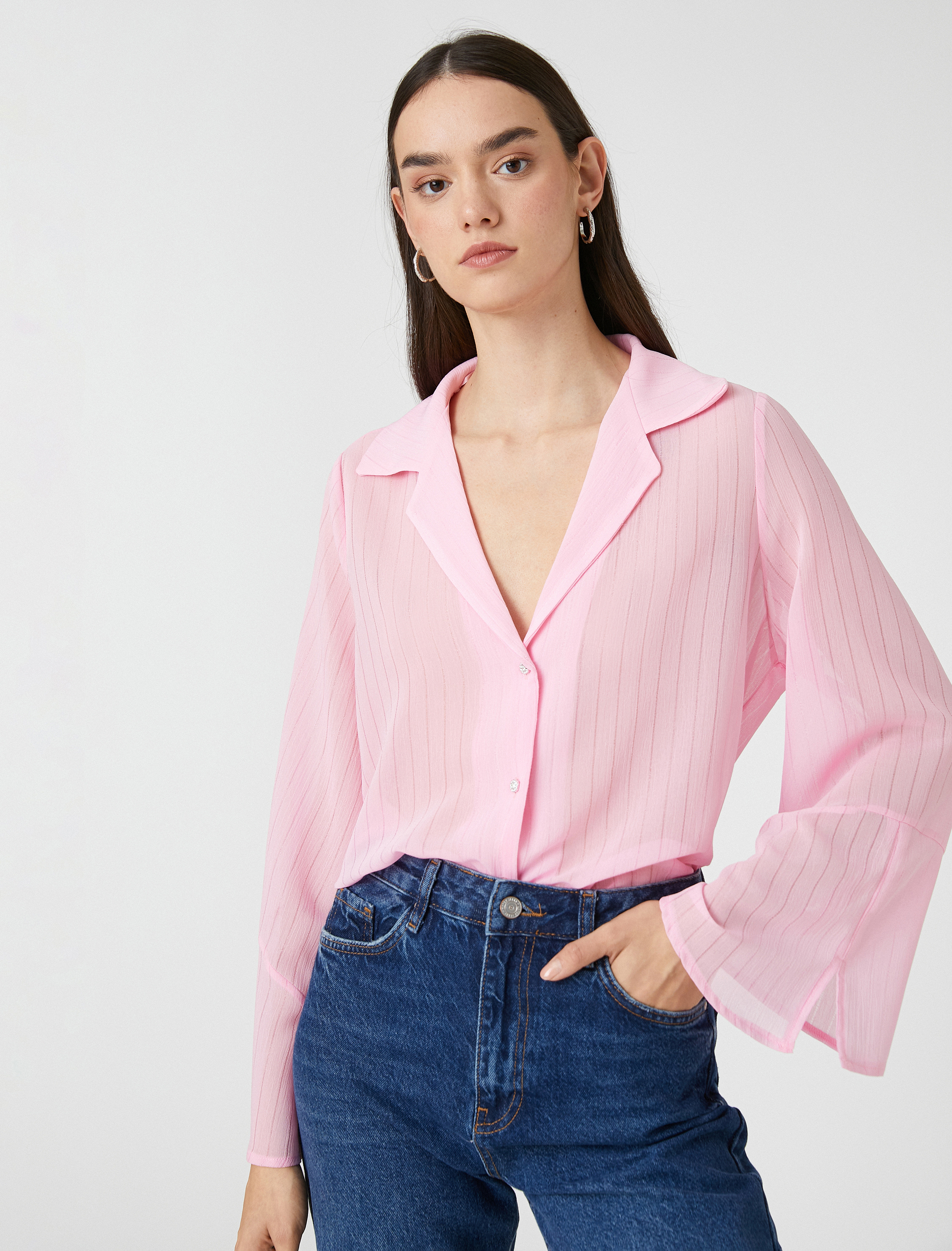   Şifon Gömlek Klasik Yaka Uzun Kollu