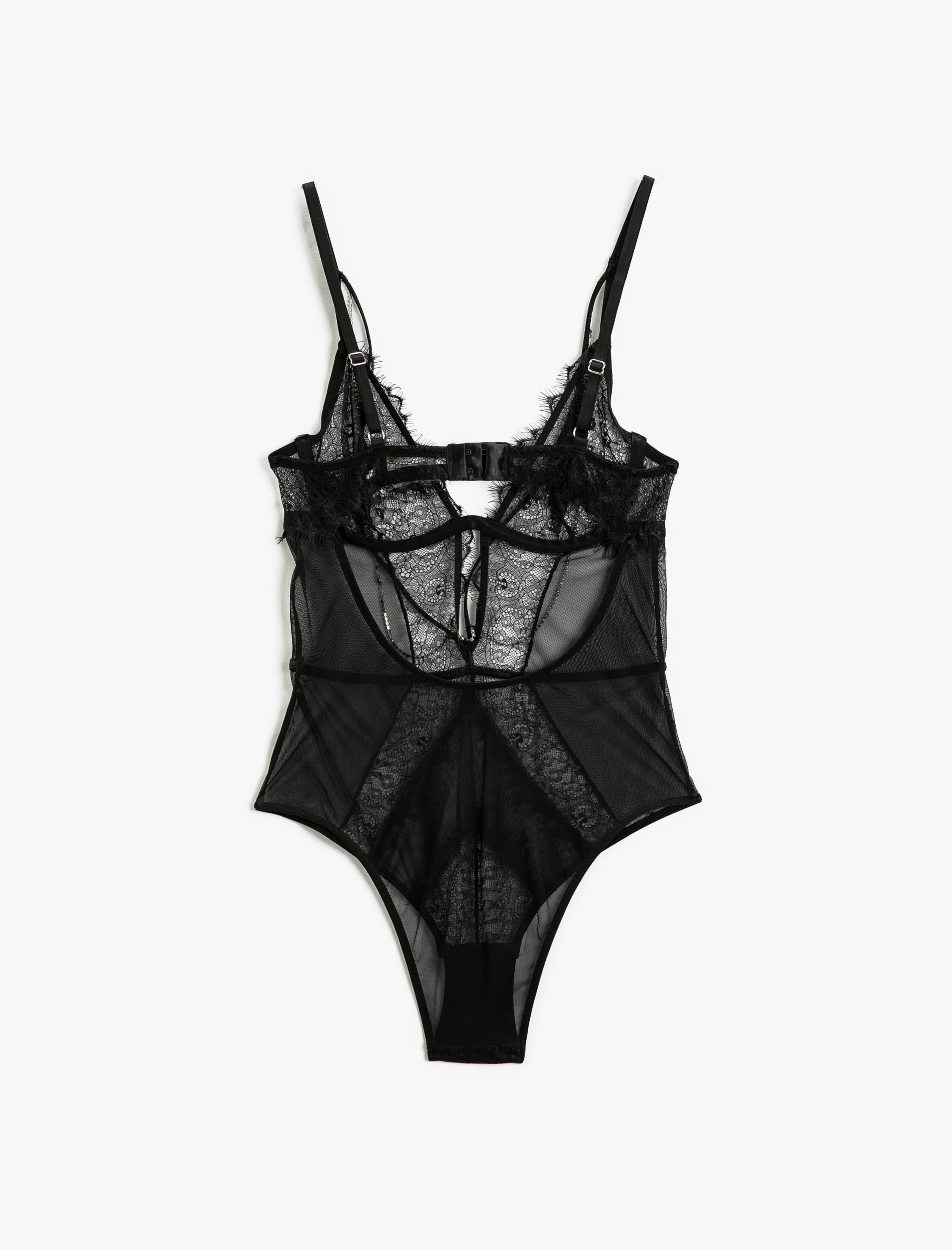   Dantelli Bodysuit Parlak Zincir Detaylı İnce Askılı