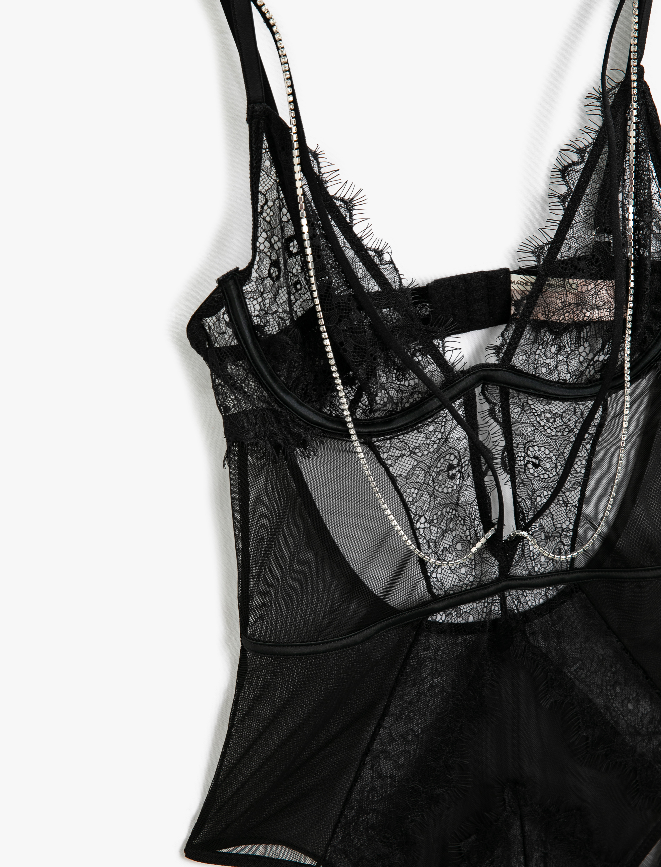   Dantelli Bodysuit Parlak Zincir Detaylı İnce Askılı