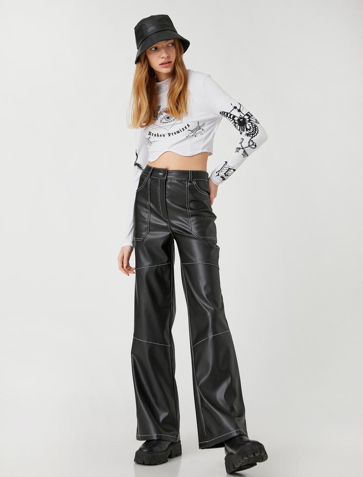  Deri Görünümlü Pantolon Geniş Paça Dikiş Detaylı Cepli