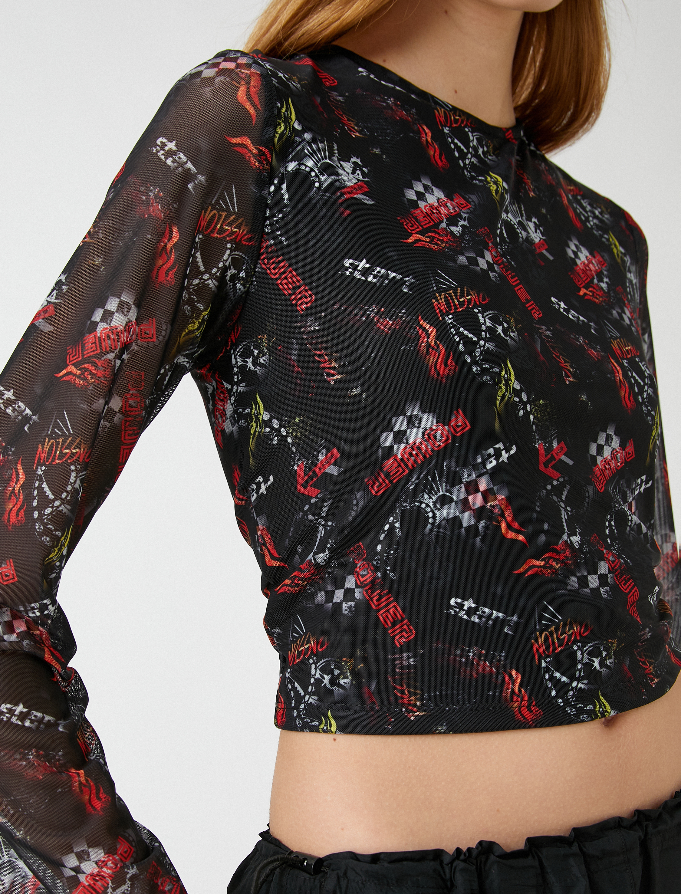   Uzun Kollu Tişört Crop Tül Baskılı Bisiklet Yaka