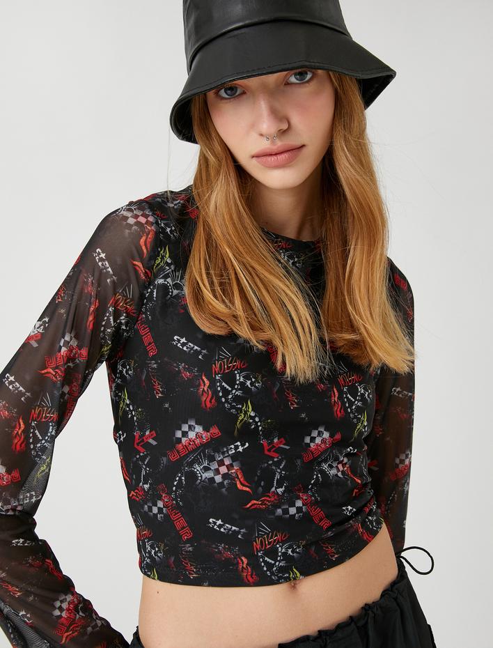  Uzun Kollu Tişört Crop Tül Baskılı Bisiklet Yaka