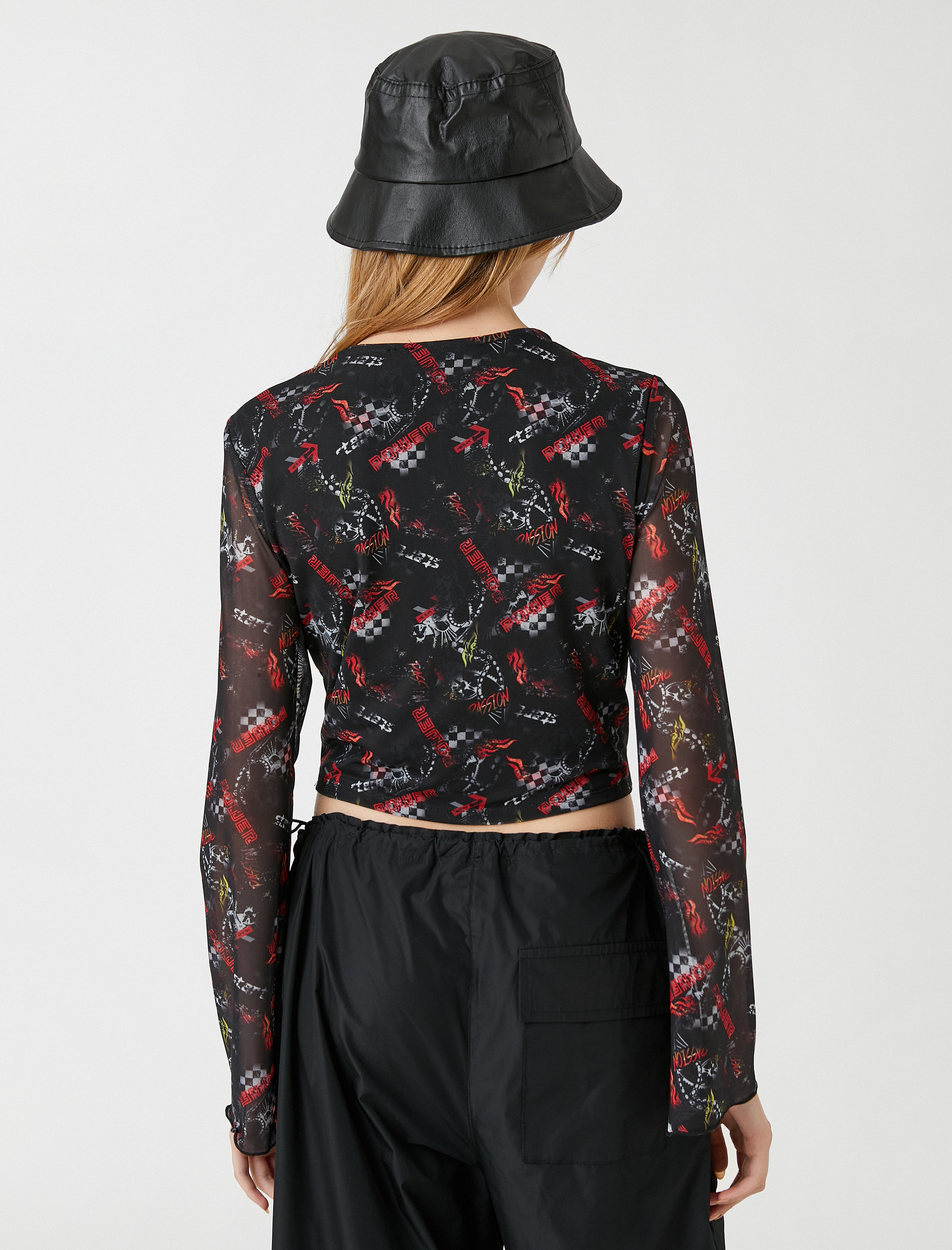   Uzun Kollu Tişört Crop Tül Baskılı Bisiklet Yaka