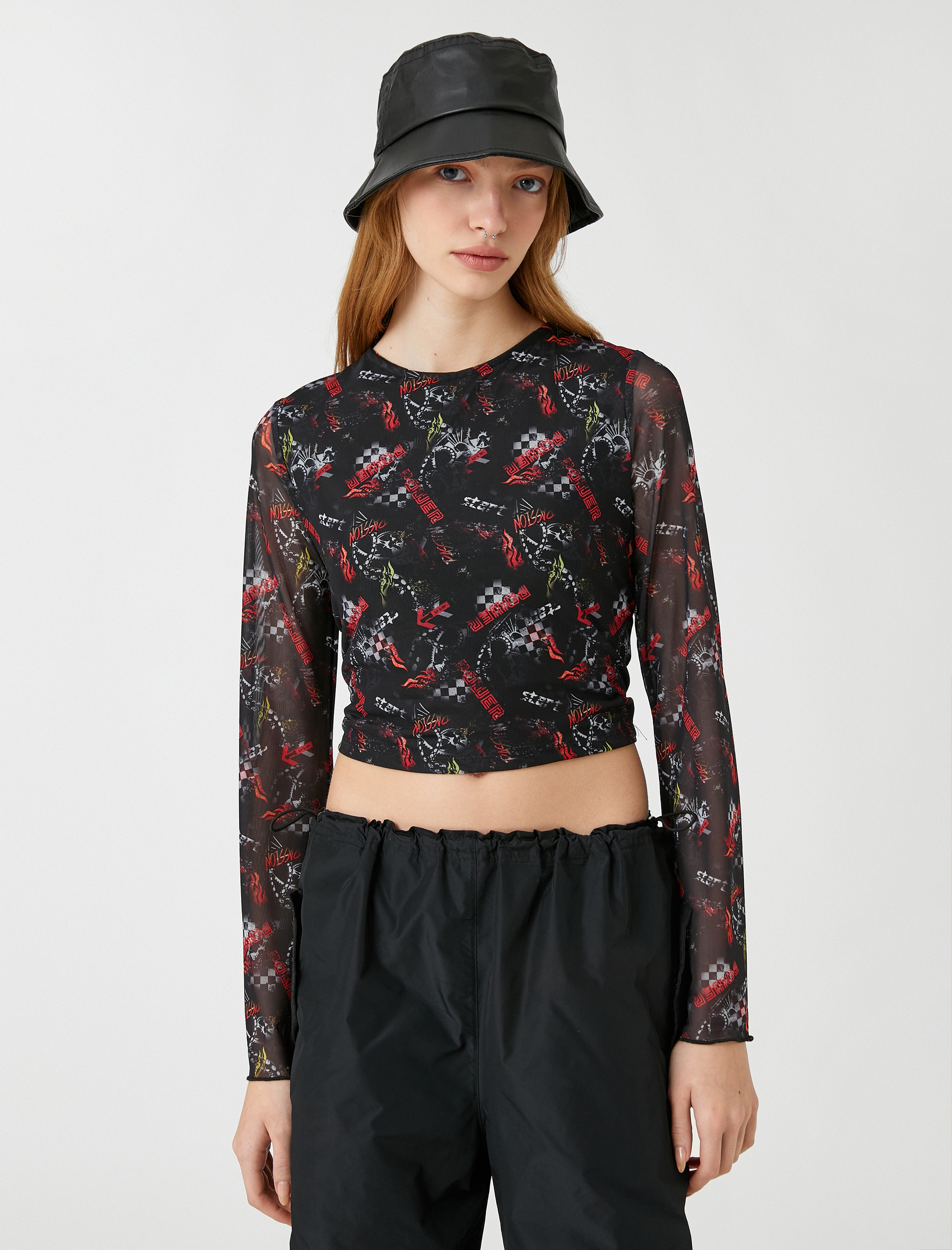   Uzun Kollu Tişört Crop Tül Baskılı Bisiklet Yaka