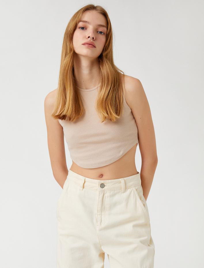  Crop Atlet Bisiklet Yaka Fitilli Asimetrik Kesim