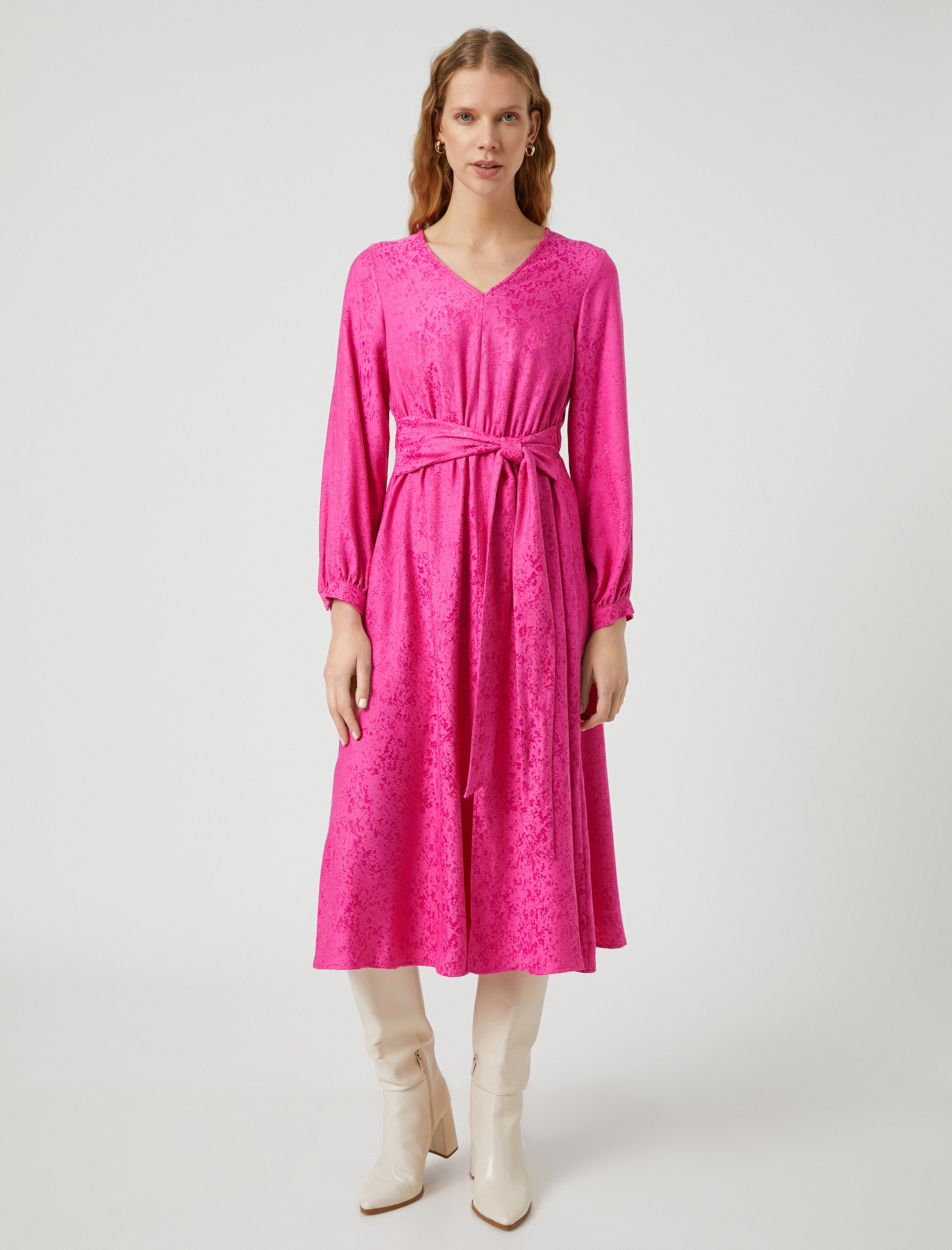   Midi Boy Elbise V Yaka Uzun Kollu