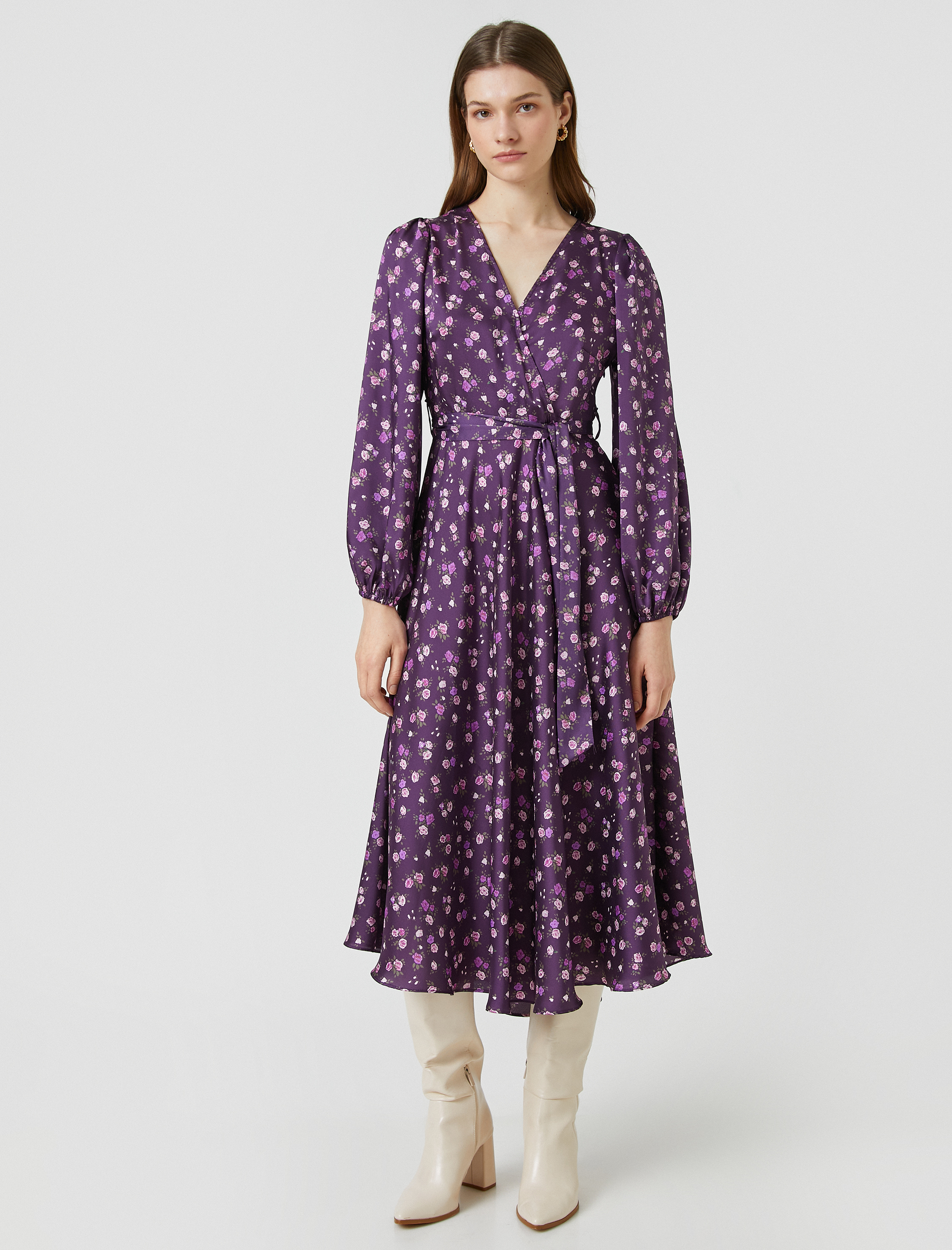   Saten Midi Boy Elbise Kuşaklı V Yaka