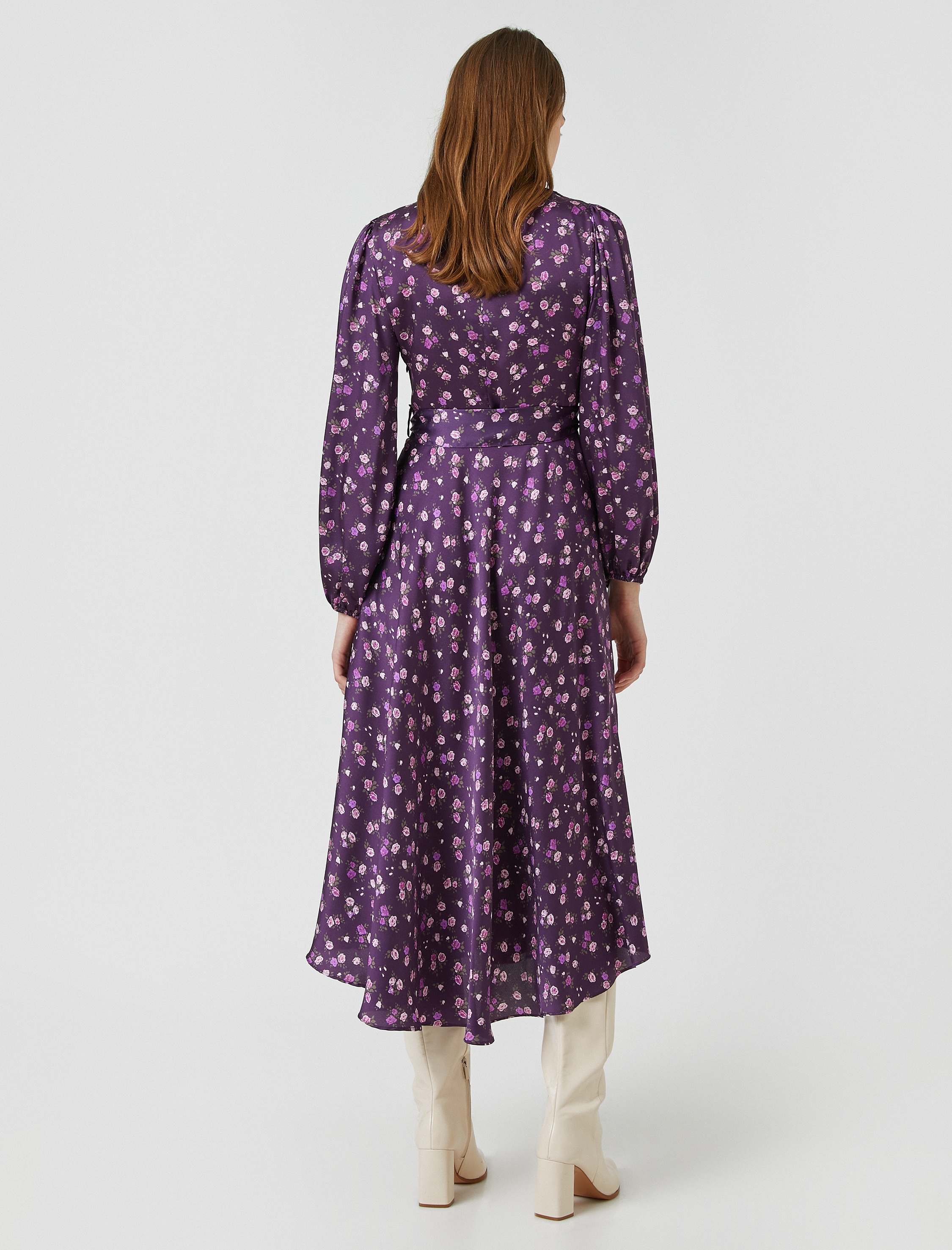   Saten Midi Boy Elbise Kuşaklı V Yaka