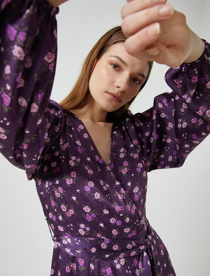  Saten Midi Boy Elbise Kuşaklı V Yaka