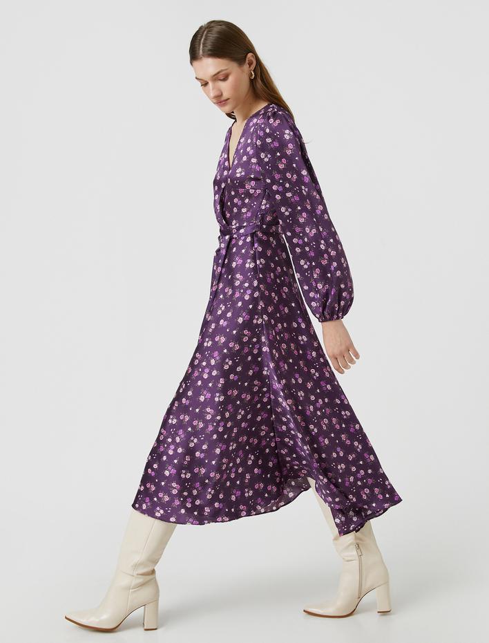  Saten Midi Boy Elbise Kuşaklı V Yaka