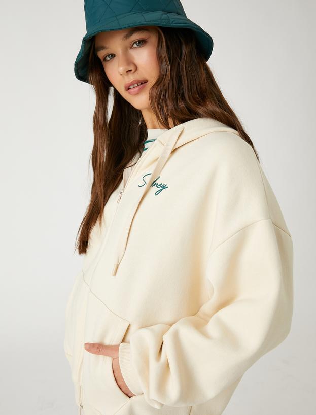   Kolej Sweatshirt Kapüşonlu Oversize Fermuarlı Baskılı Cep Detaylı