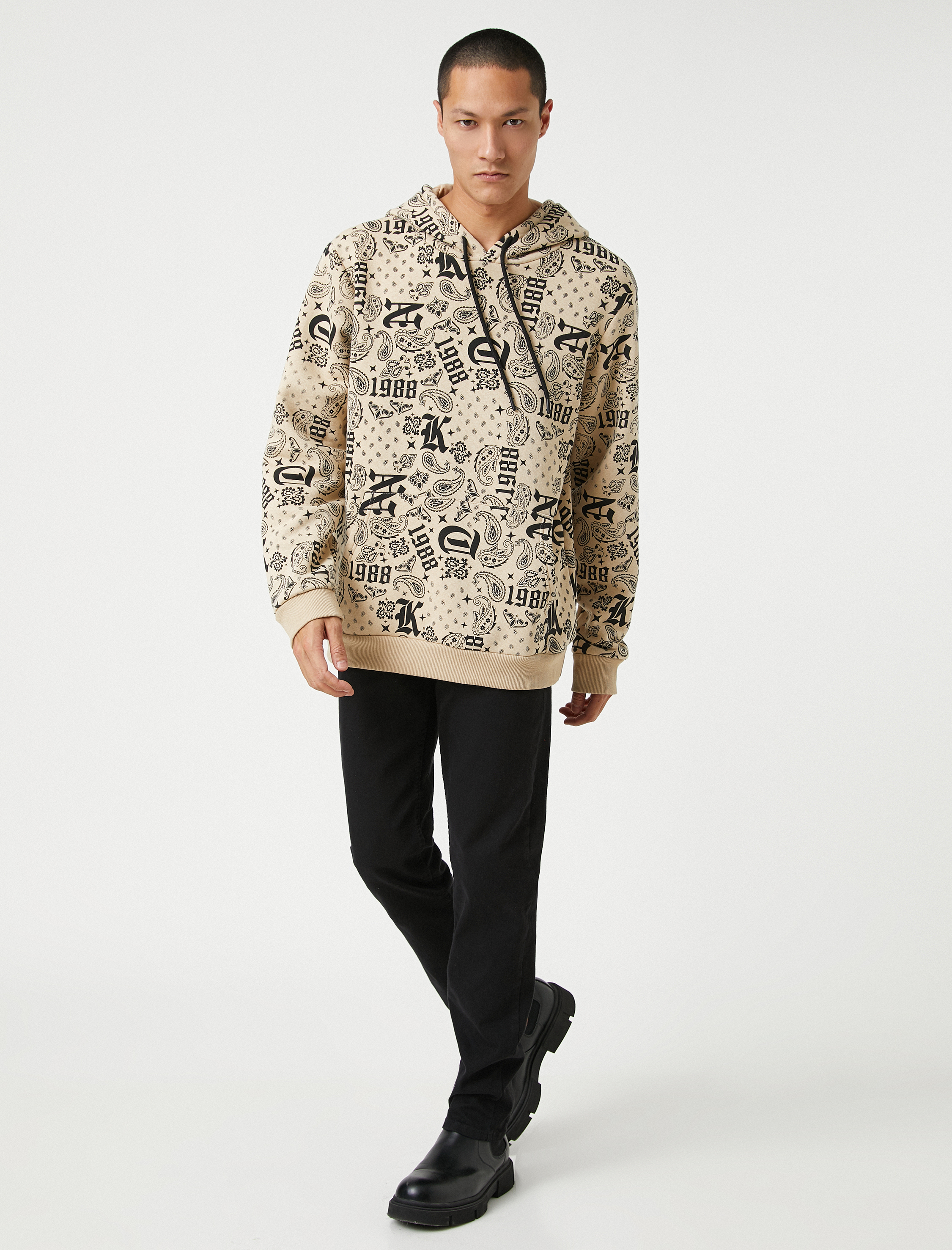 Kapşonlu Sweatshirt Şardonlu Şal Desenli